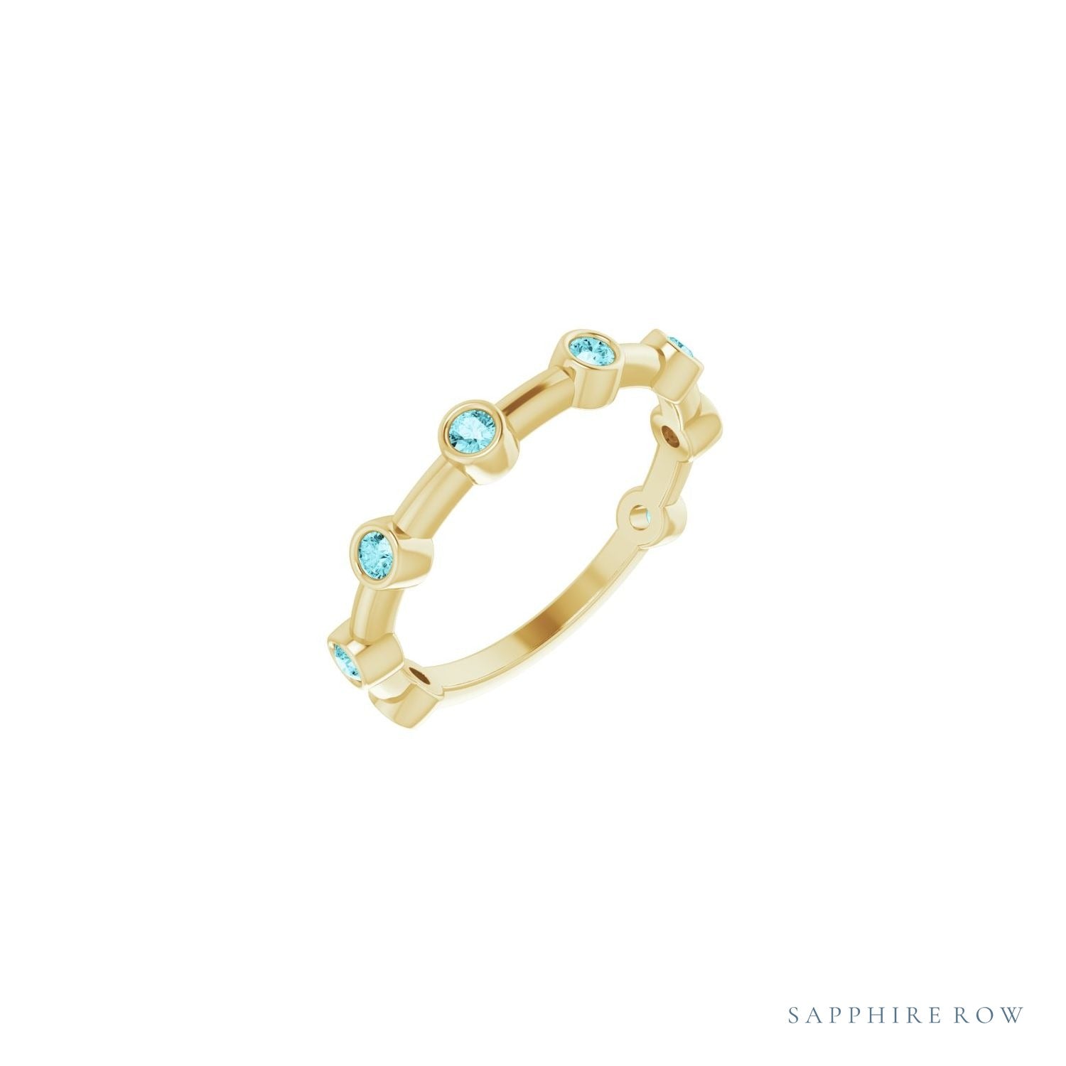 Sapphire Row Natural Gemstone Bezel Station Ring - Blue Zircon, 14K Yellow Gold