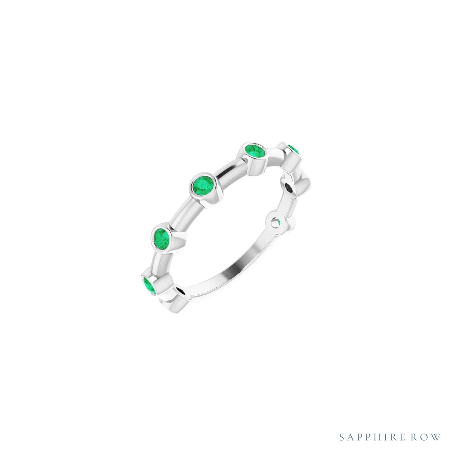 Sapphire Row Natural Gemstone Bezel Station Ring - Emerald, 14K White Gold