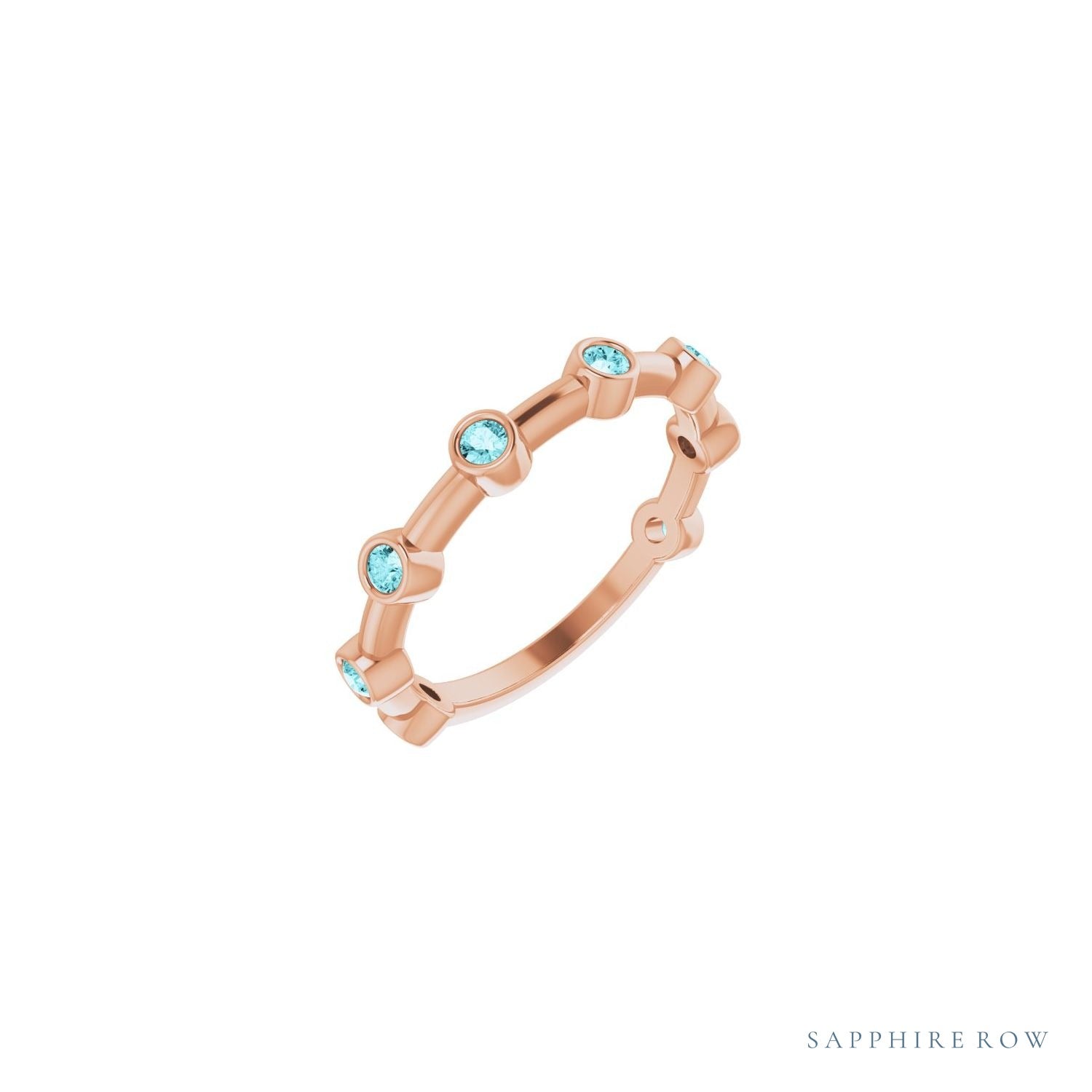 Sapphire Row Natural Gemstone Bezel Station Ring - Blue Zircon, 14K Rose Gold