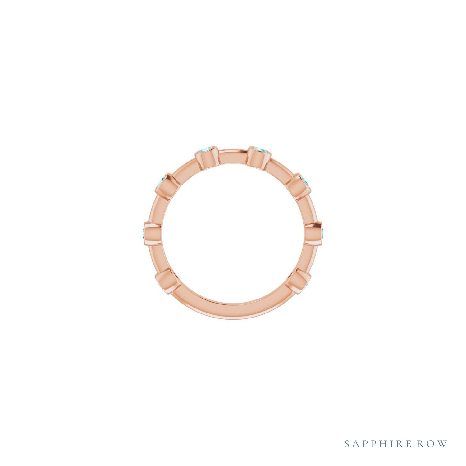 Sapphire Row Natural Gemstone Bezel Station Ring - Blue Zircon, 14K Rose Gold (view 3)