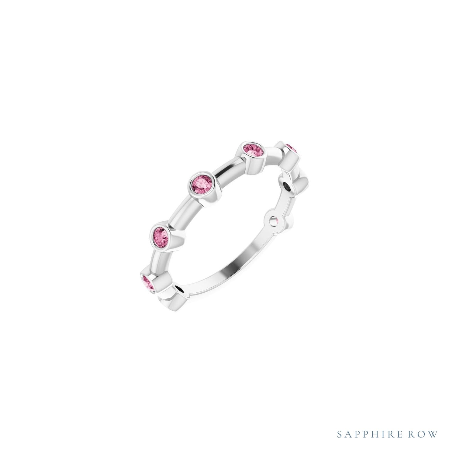 Sapphire Row Natural Gemstone Bezel Station Ring - Pink Tourmaline, 14K White Gold