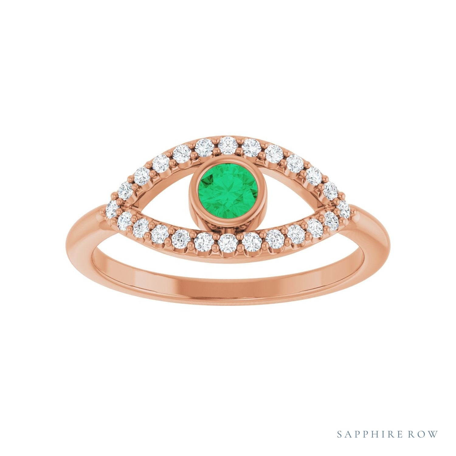Sapphire Row Natural Pavé Evil Eye Gemstone Ring - Emerald, 14K Rose Gold (view 3)