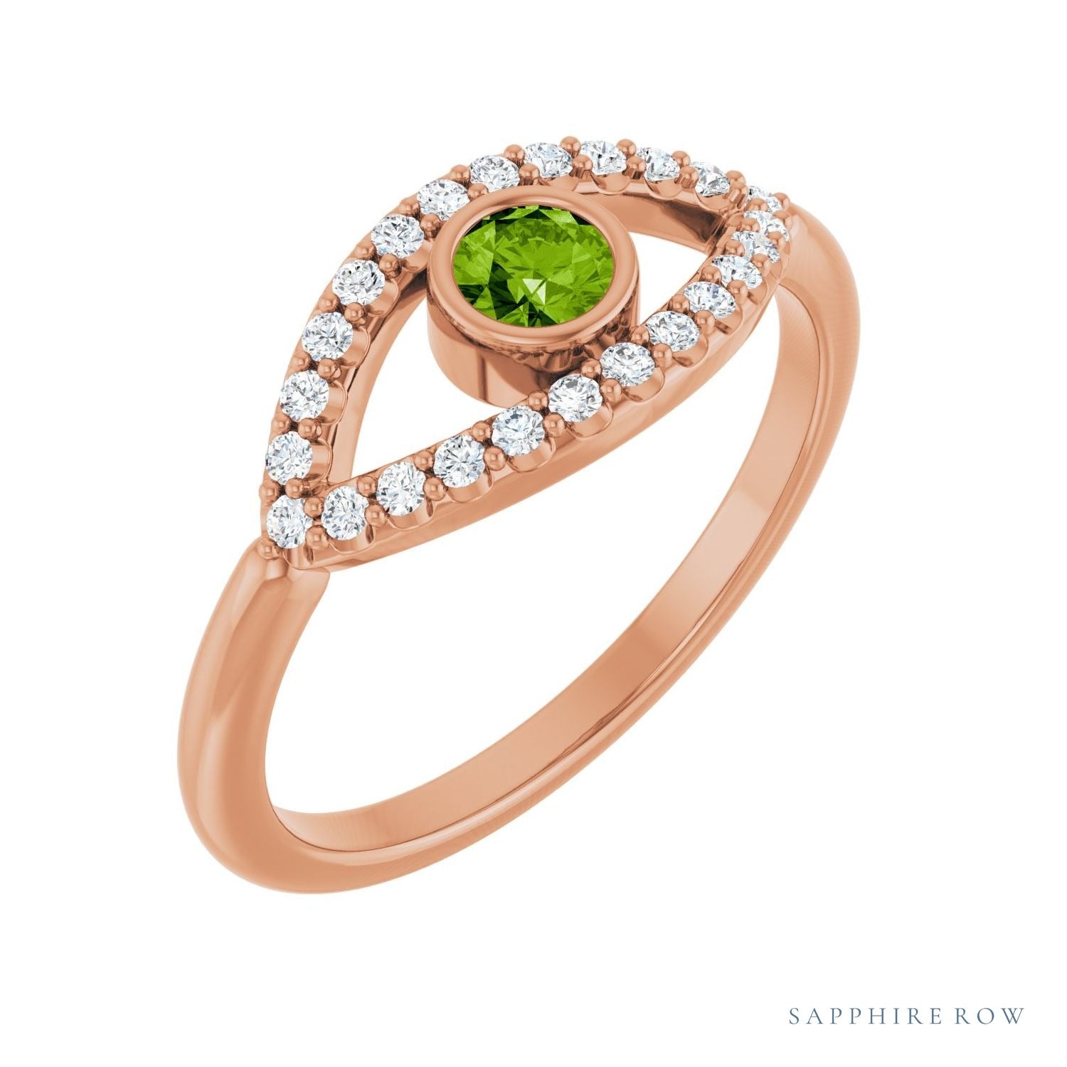 Sapphire Row Natural Pavé Evil Eye Gemstone Ring - Peridot, 14K Rose Gold