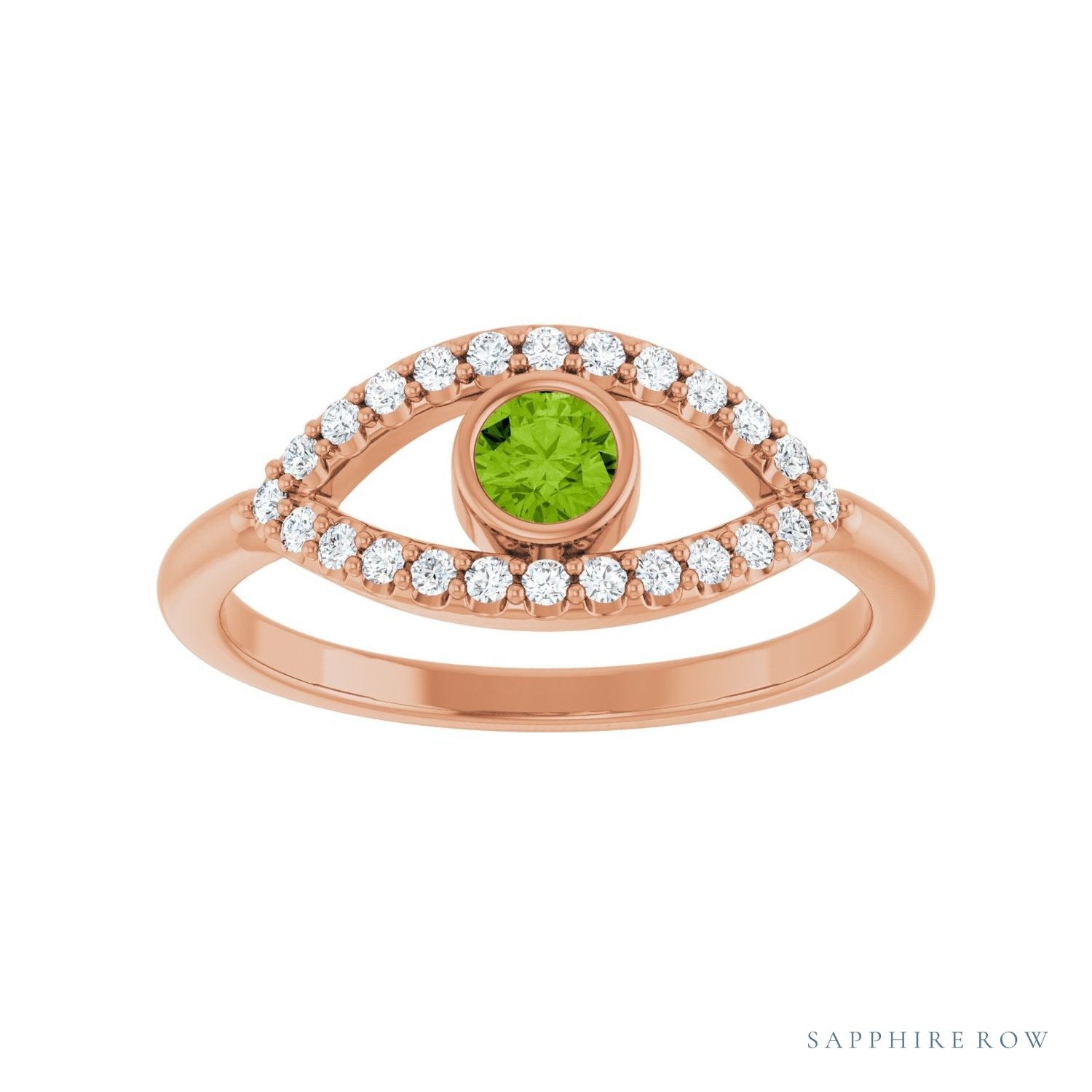 Sapphire Row Natural Pavé Evil Eye Gemstone Ring - Peridot, 14K Rose Gold (view 3)