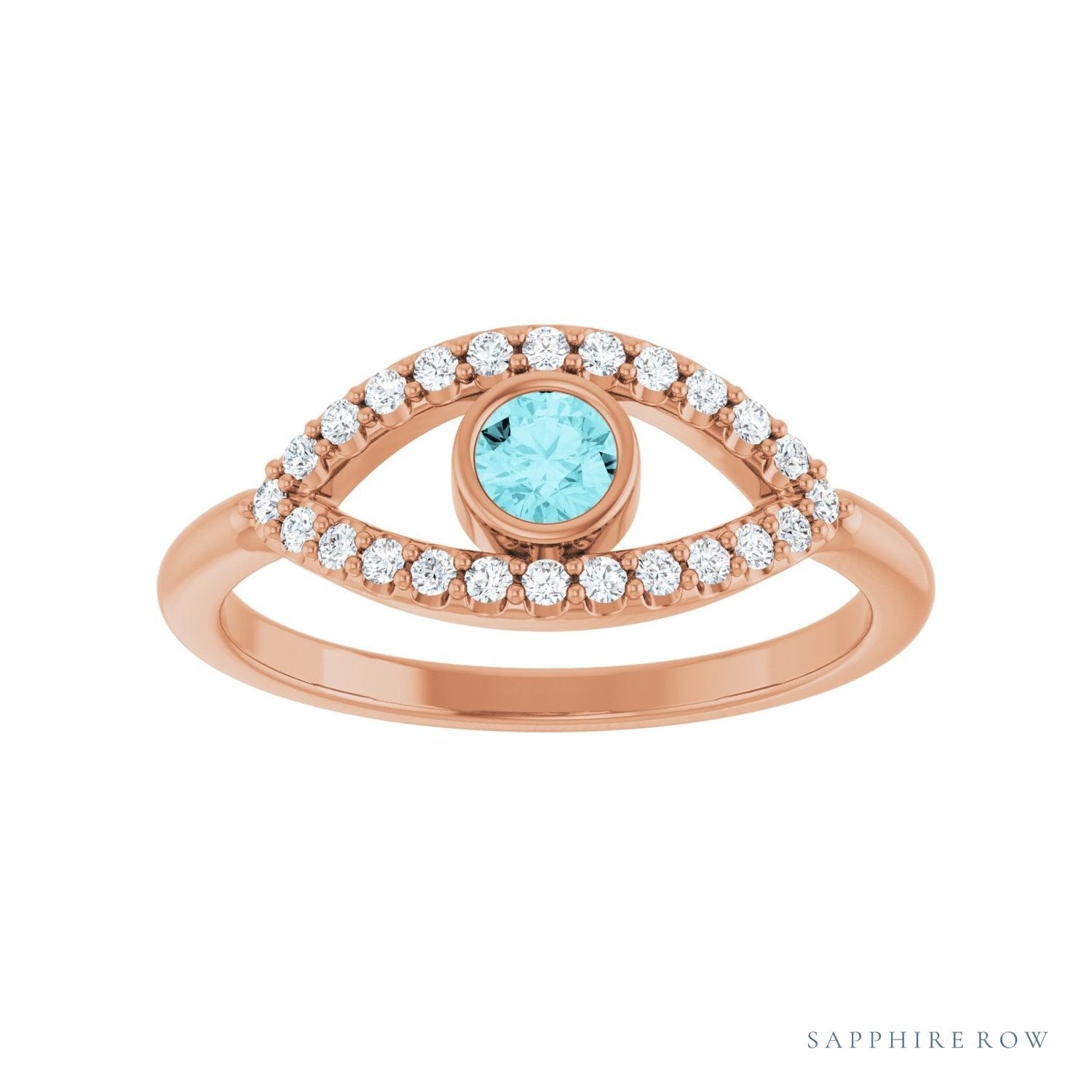 Sapphire Row Natural Pavé Evil Eye Gemstone Ring - Blue Zircon, 14K Rose Gold (view 3)