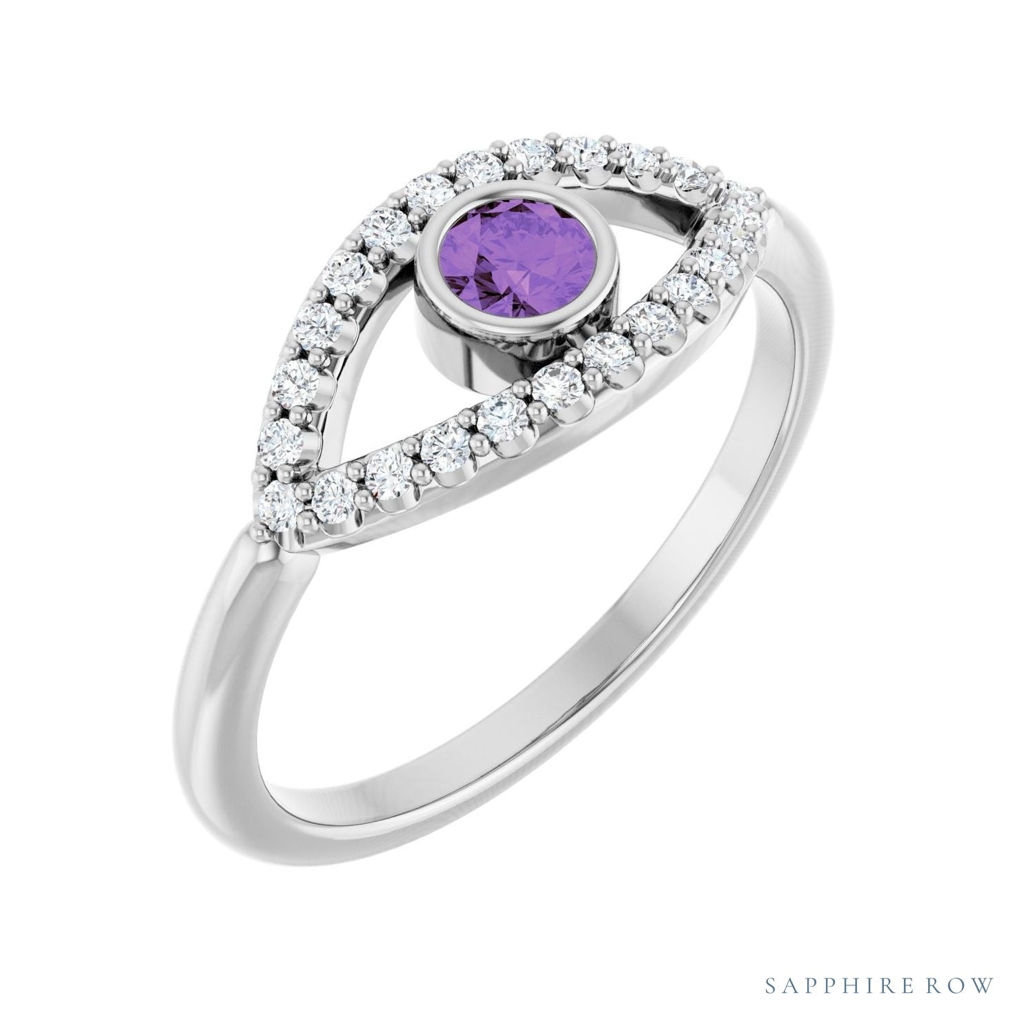 Sapphire Row Natural Pavé Evil Eye Gemstone Ring - Amethyst, Platinum