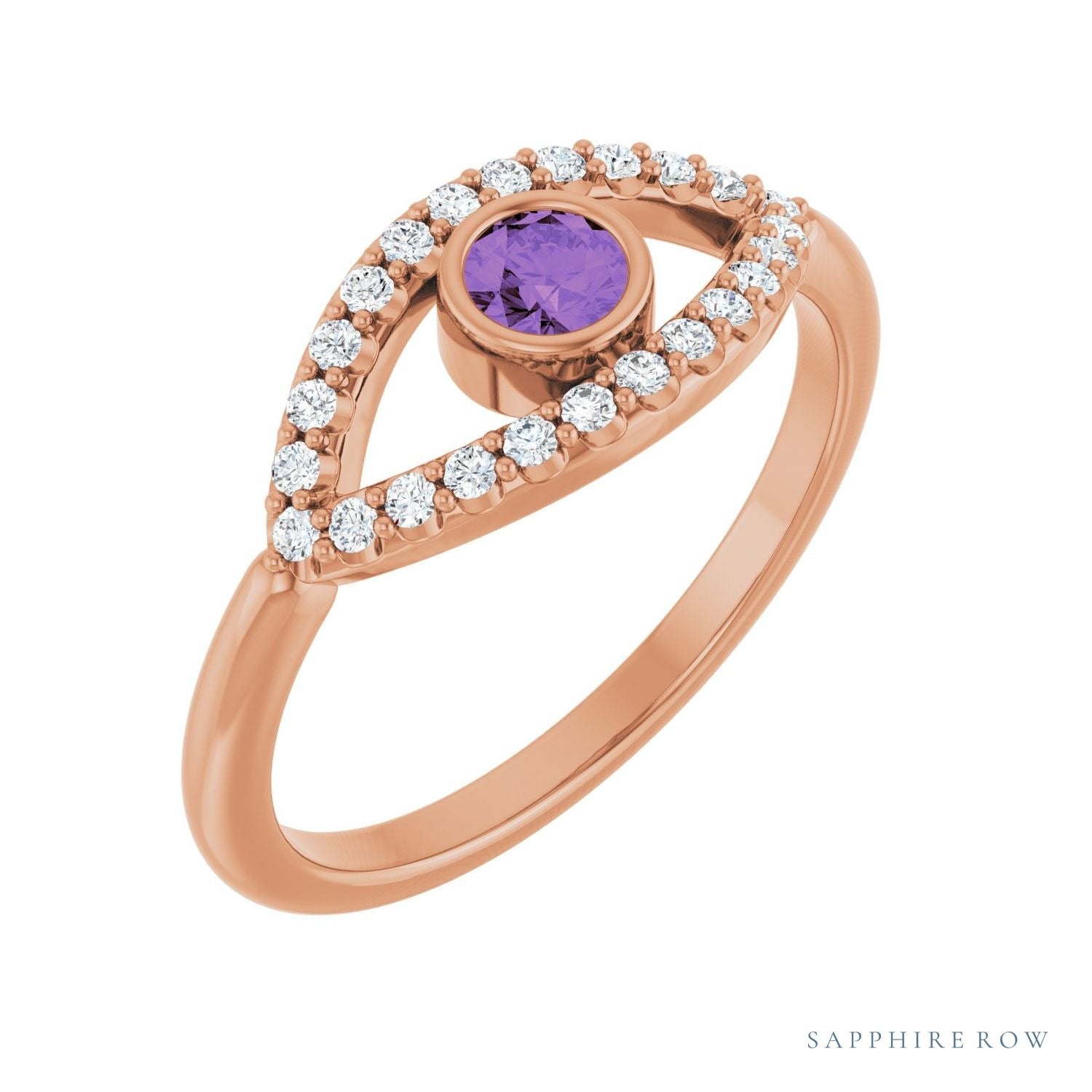 Sapphire Row Natural Pavé Evil Eye Gemstone Ring - Amethyst, 14K Rose Gold