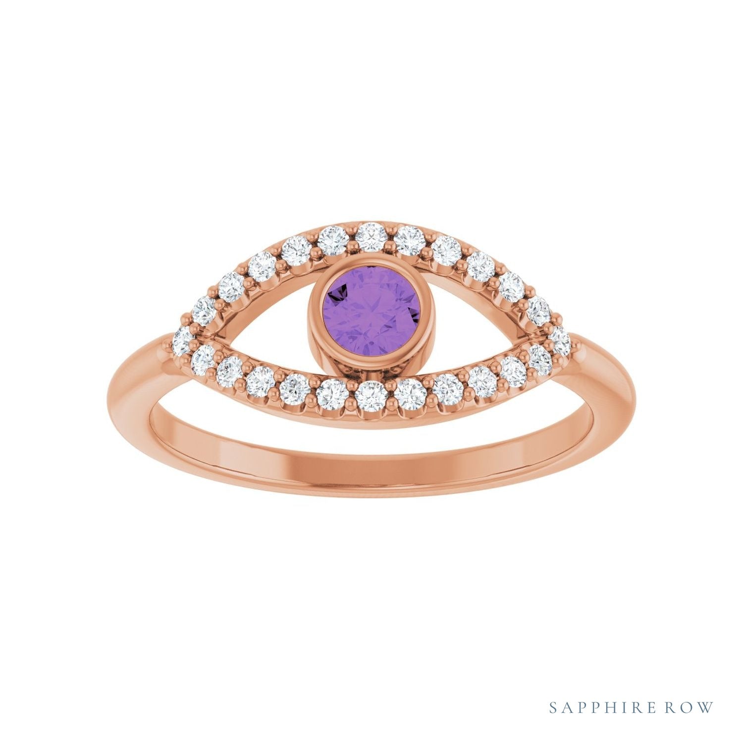 Sapphire Row Natural Pavé Evil Eye Gemstone Ring - Amethyst, 14K Rose Gold (view 3)