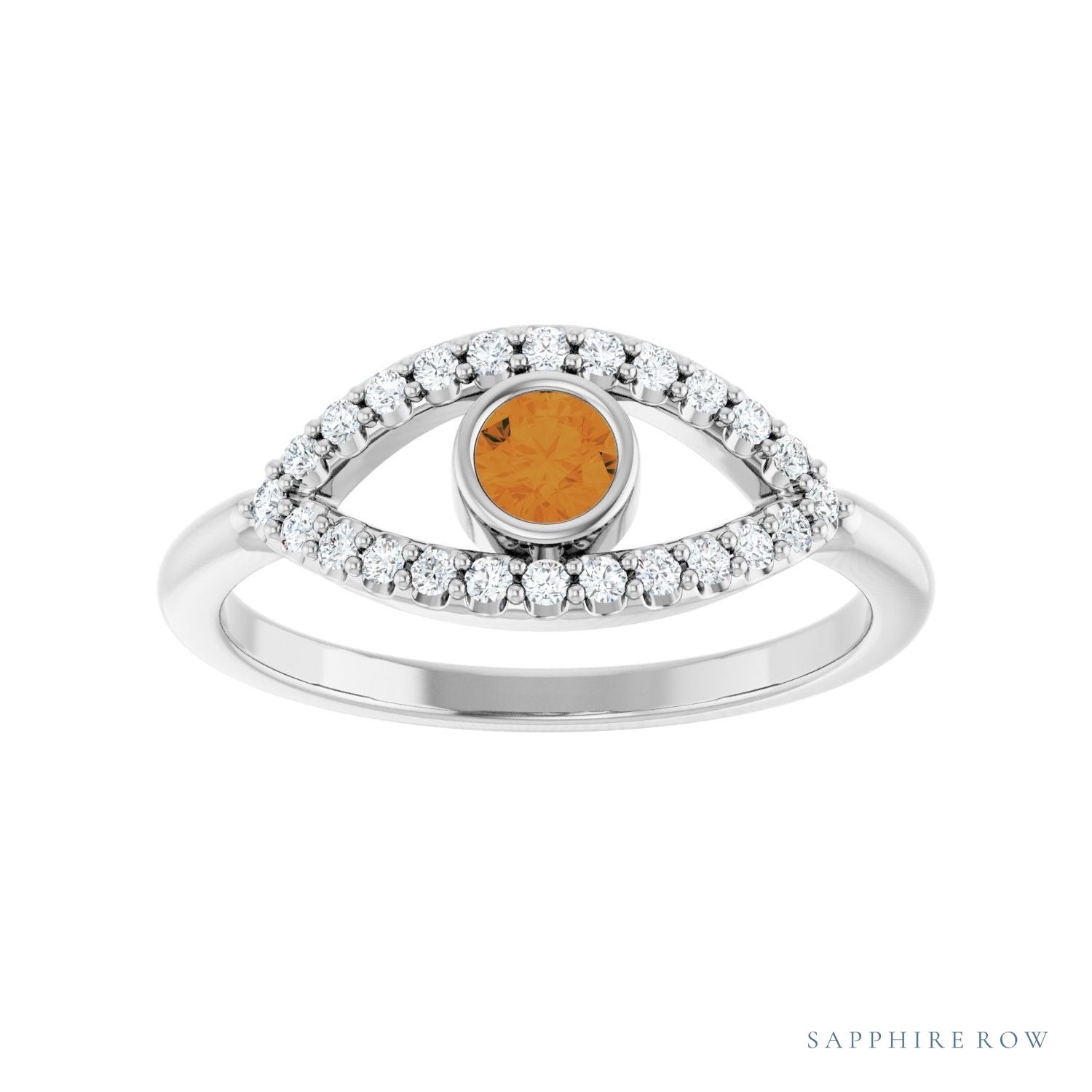 Sapphire Row Natural Pavé Evil Eye Gemstone Ring - Citrine, 14K White Gold (view 3)