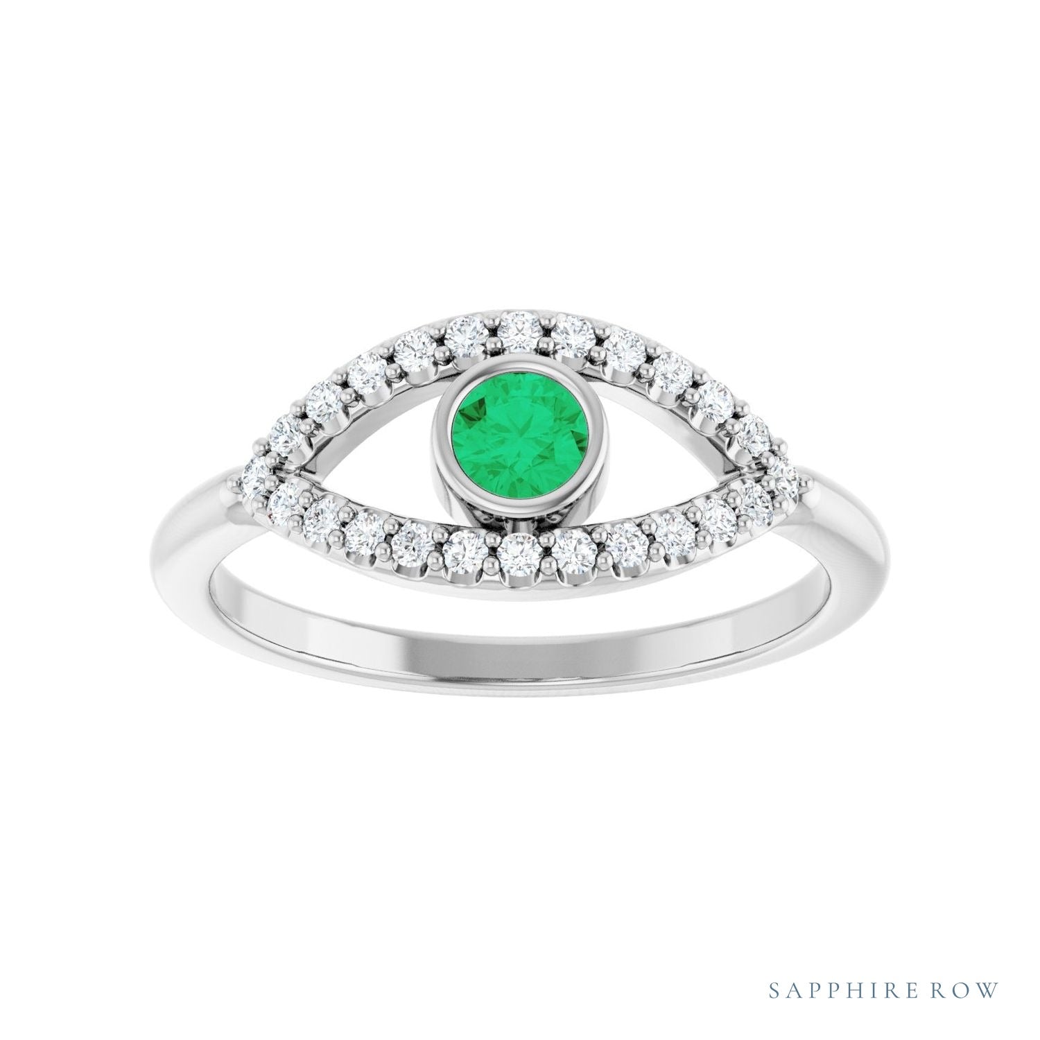 Sapphire Row Natural Pavé Evil Eye Gemstone Ring - Emerald, 14K White Gold (view 3)