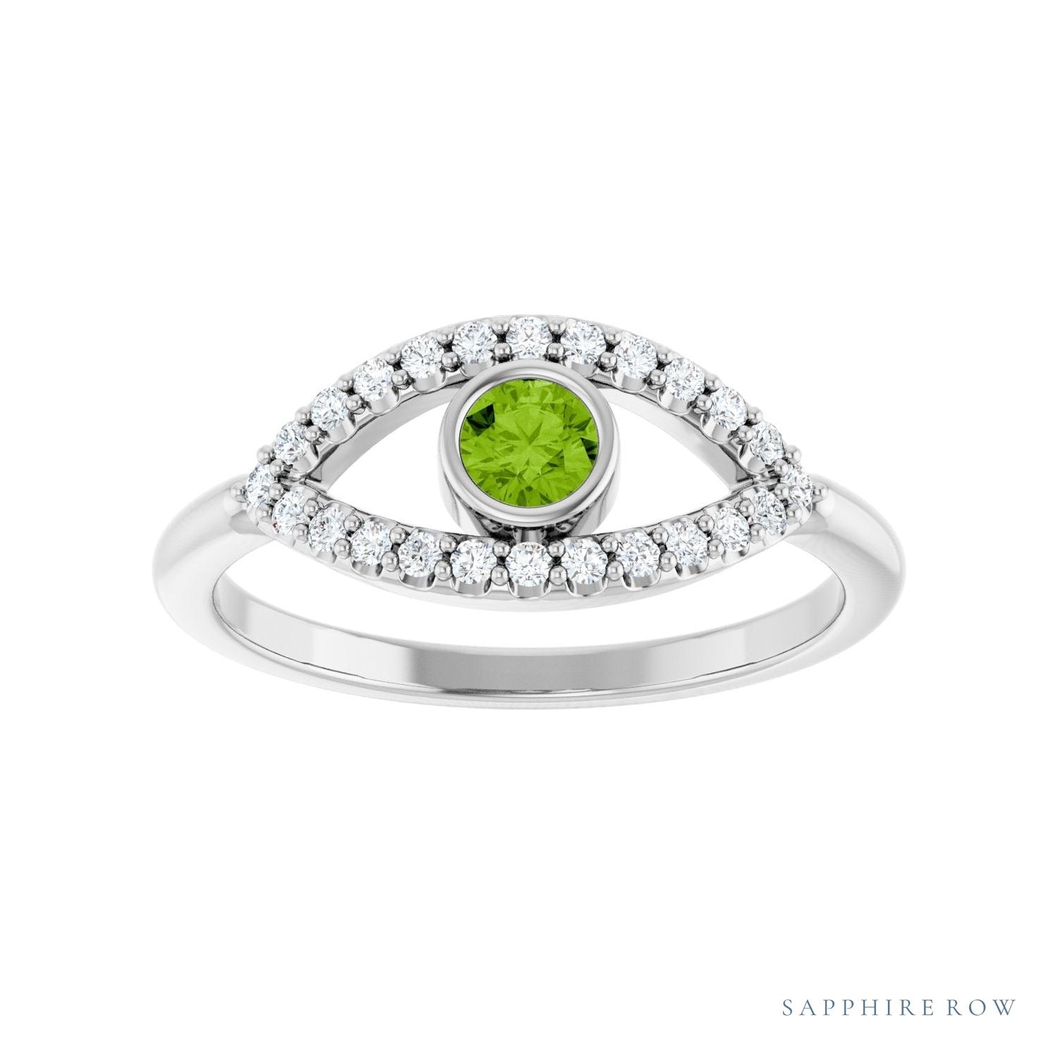 Sapphire Row Natural Pavé Evil Eye Gemstone Ring - Peridot, 14K White Gold (view 3)