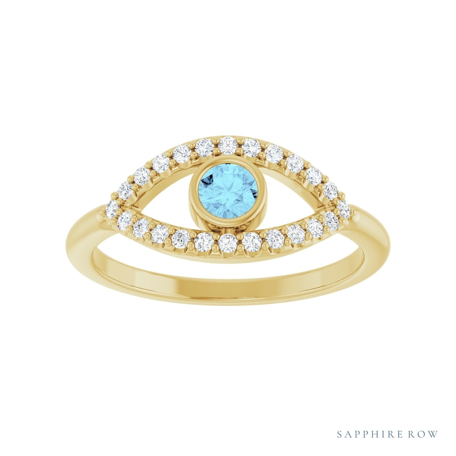 Sapphire Row Natural Pavé Evil Eye Gemstone Ring - Aquamarine, 14K Yellow Gold (view 3)