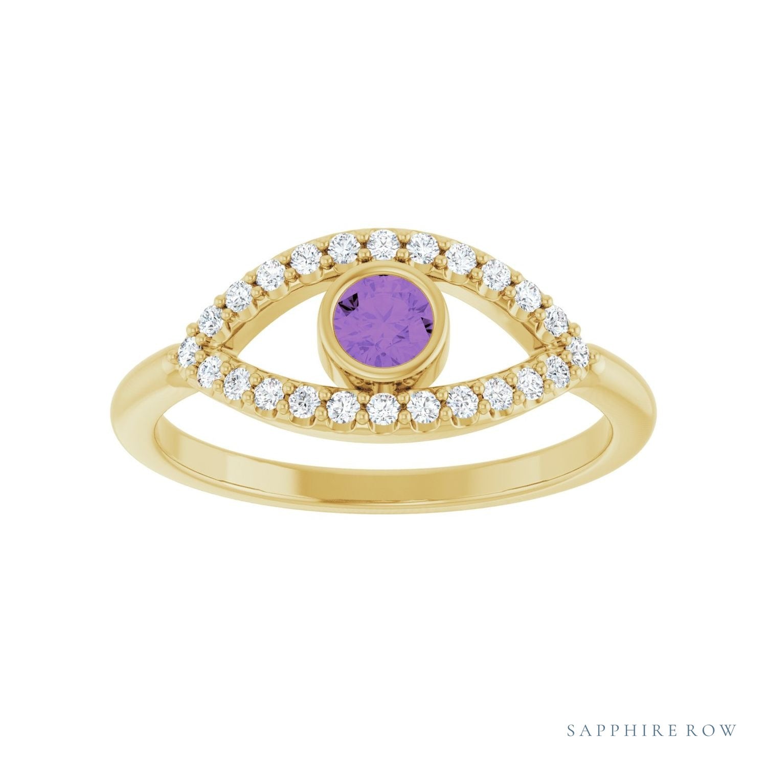 Sapphire Row Natural Pavé Evil Eye Gemstone Ring - Amethyst, 14K Yellow Gold (view 3)