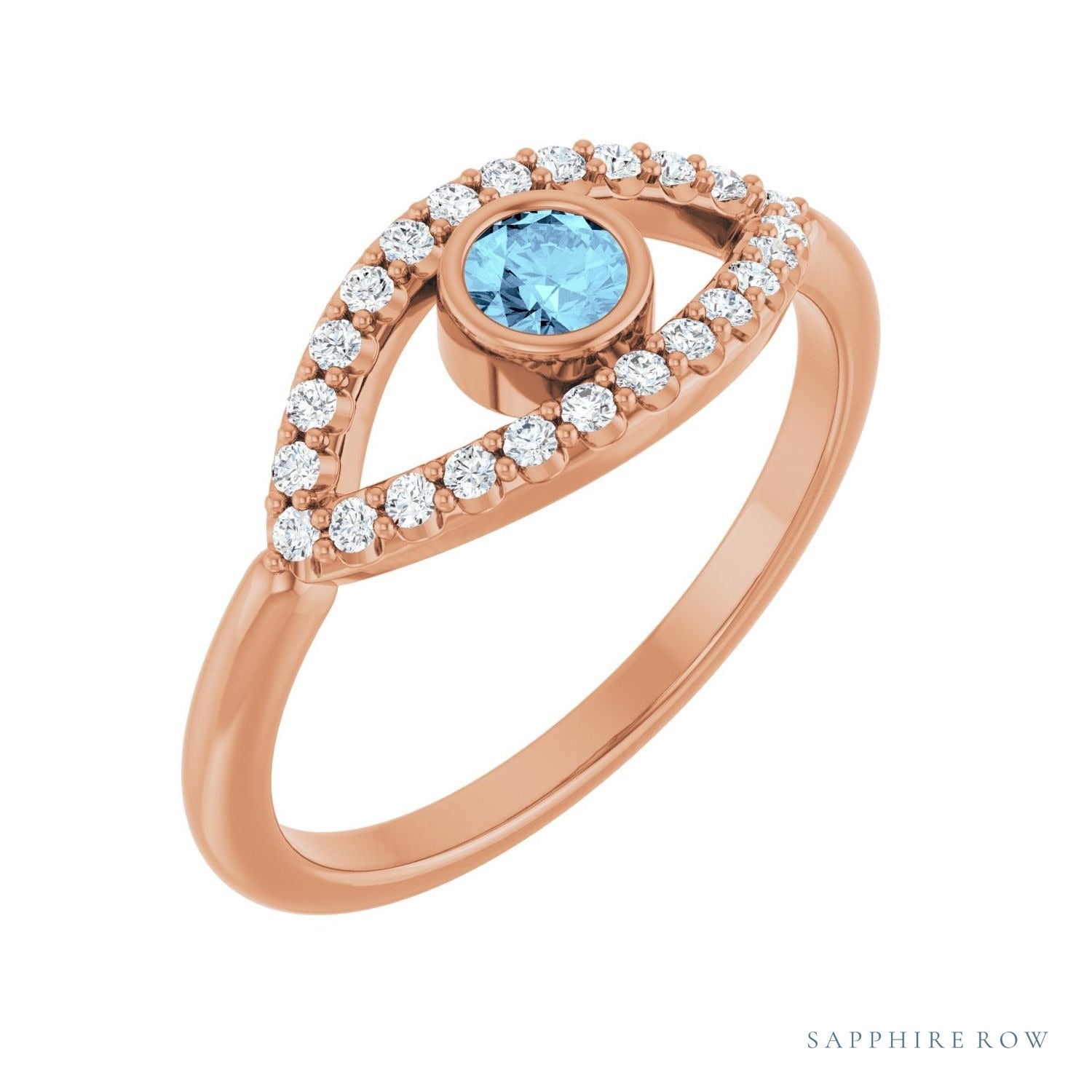 Sapphire Row Natural Pavé Evil Eye Gemstone Ring - Aquamarine, 14K Rose Gold