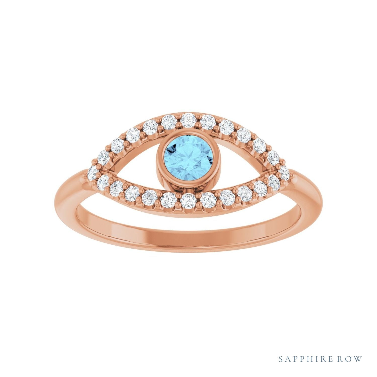 Sapphire Row Natural Pavé Evil Eye Gemstone Ring - Aquamarine, 14K Rose Gold (view 3)