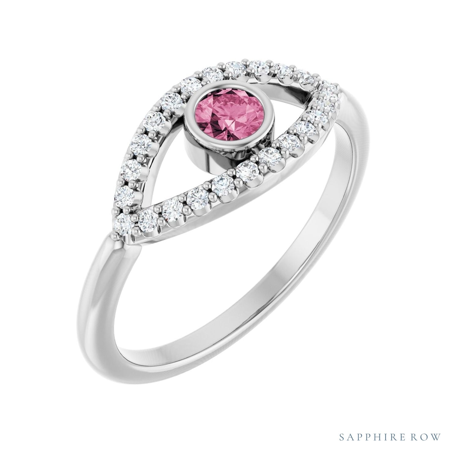 Sapphire Row Natural Pavé Evil Eye Gemstone Ring - Pink Tourmaline, Platinum