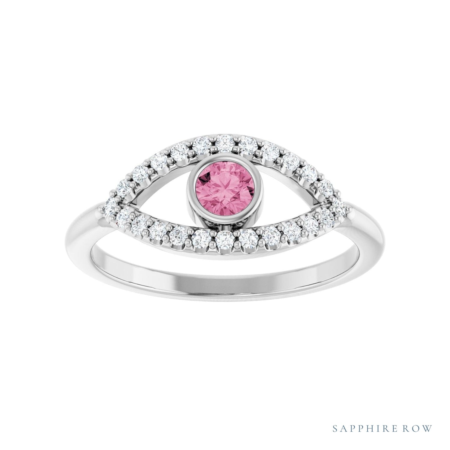 Sapphire Row Natural Pavé Evil Eye Gemstone Ring - Pink Tourmaline, Platinum (view 3)