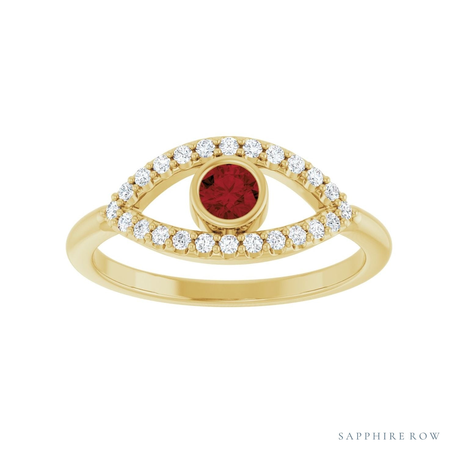 Sapphire Row Natural Pavé Evil Eye Gemstone Ring - Mozambique Garnet, 14K Yellow Gold (view 3)