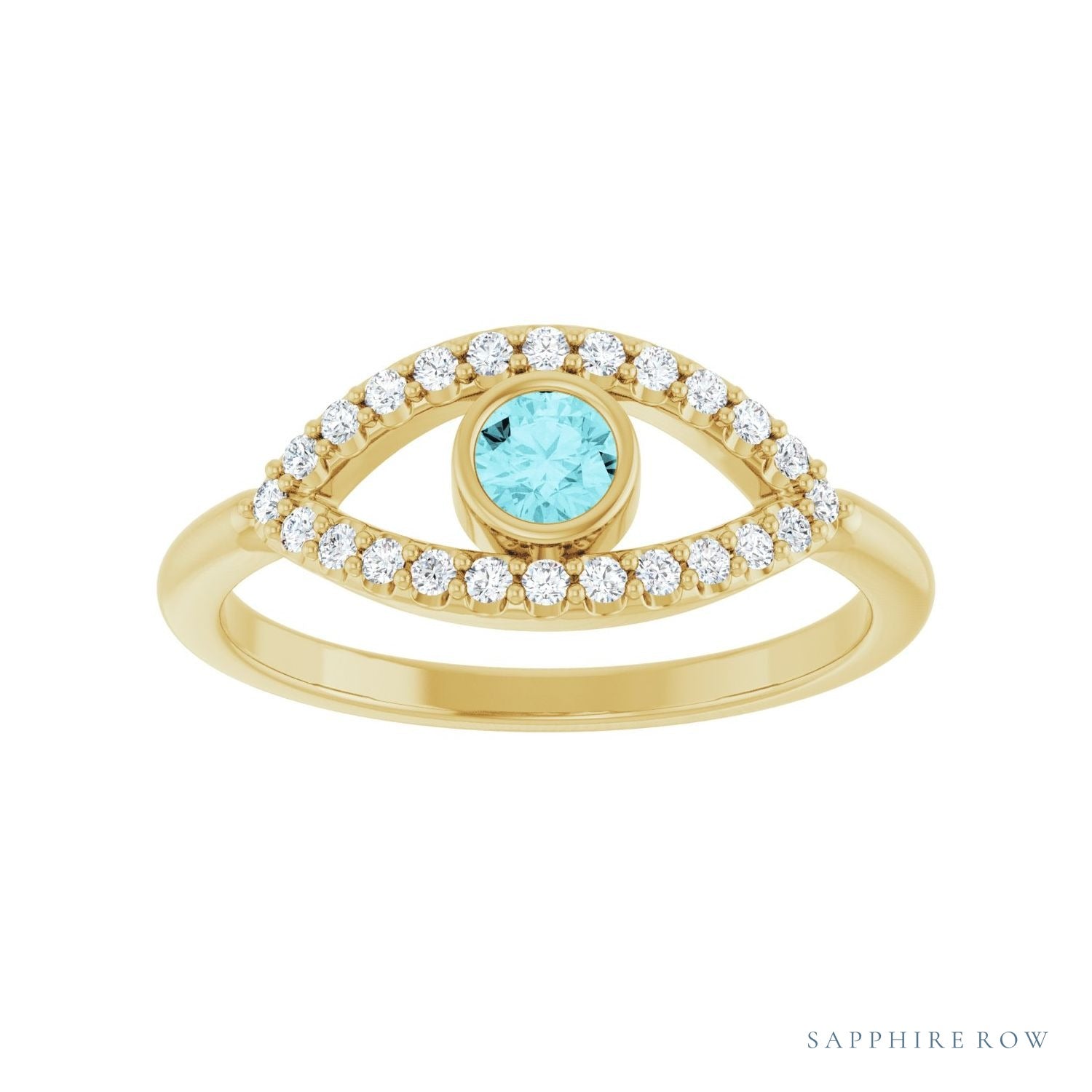 Sapphire Row Natural Pavé Evil Eye Gemstone Ring - Blue Zircon, 14K Yellow Gold (view 3)