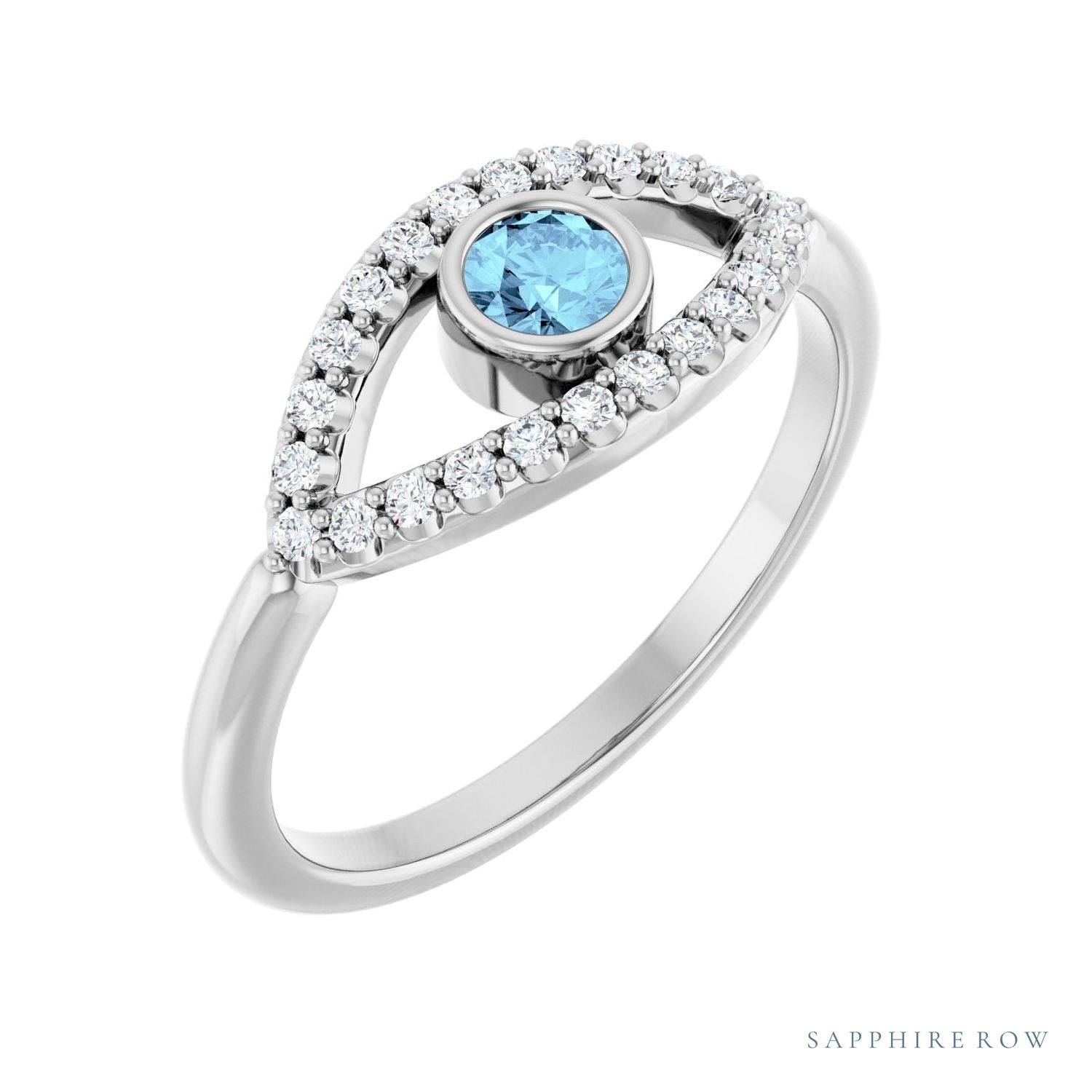 Sapphire Row Natural Pavé Evil Eye Gemstone Ring - Aquamarine, Platinum