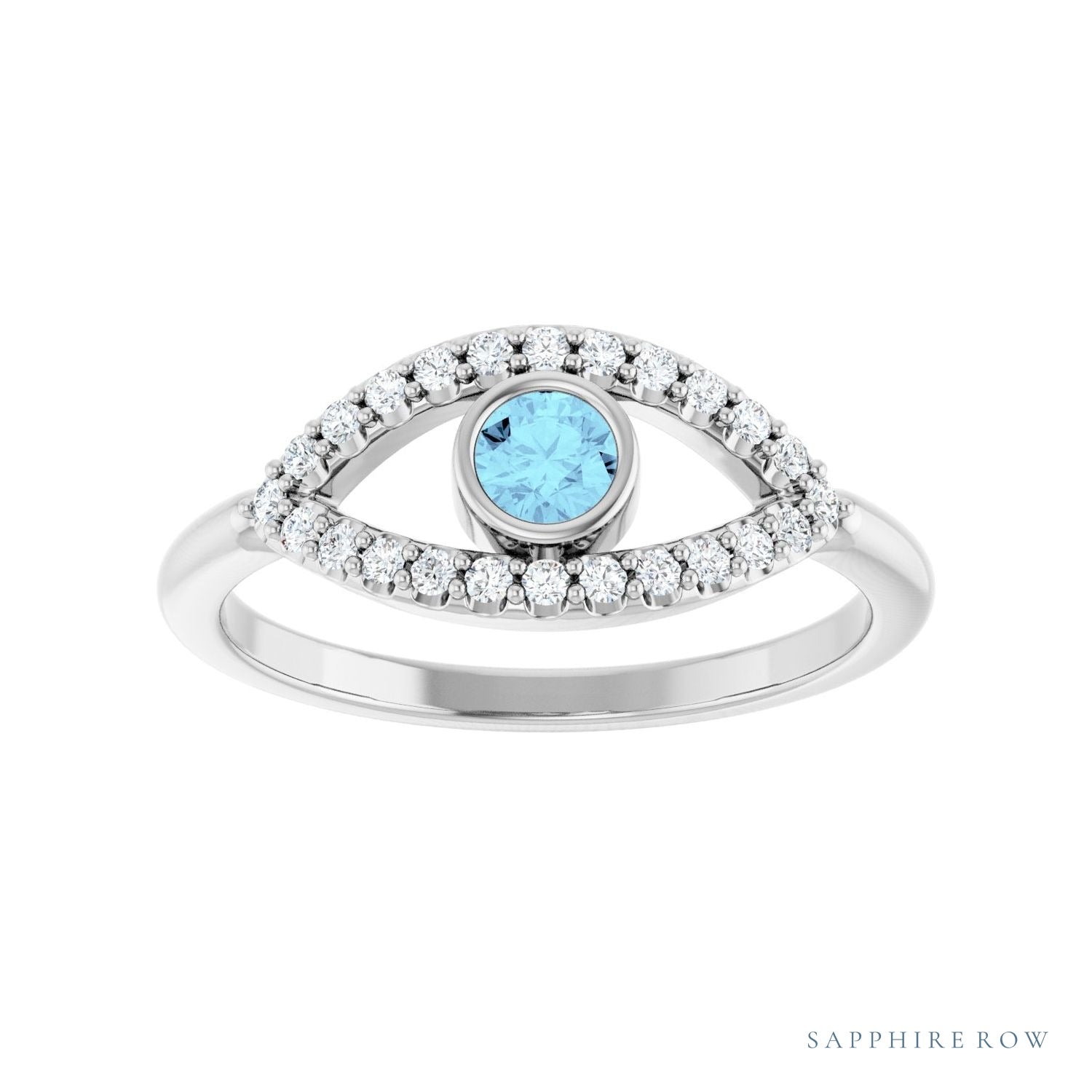 Sapphire Row Natural Pavé Evil Eye Gemstone Ring - Aquamarine, Platinum (view 3)