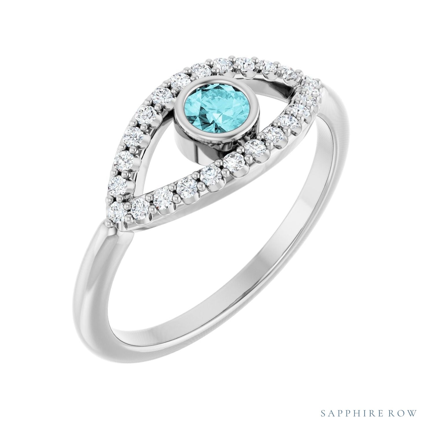Sapphire Row Natural Pavé Evil Eye Gemstone Ring - Blue Zircon, Platinum