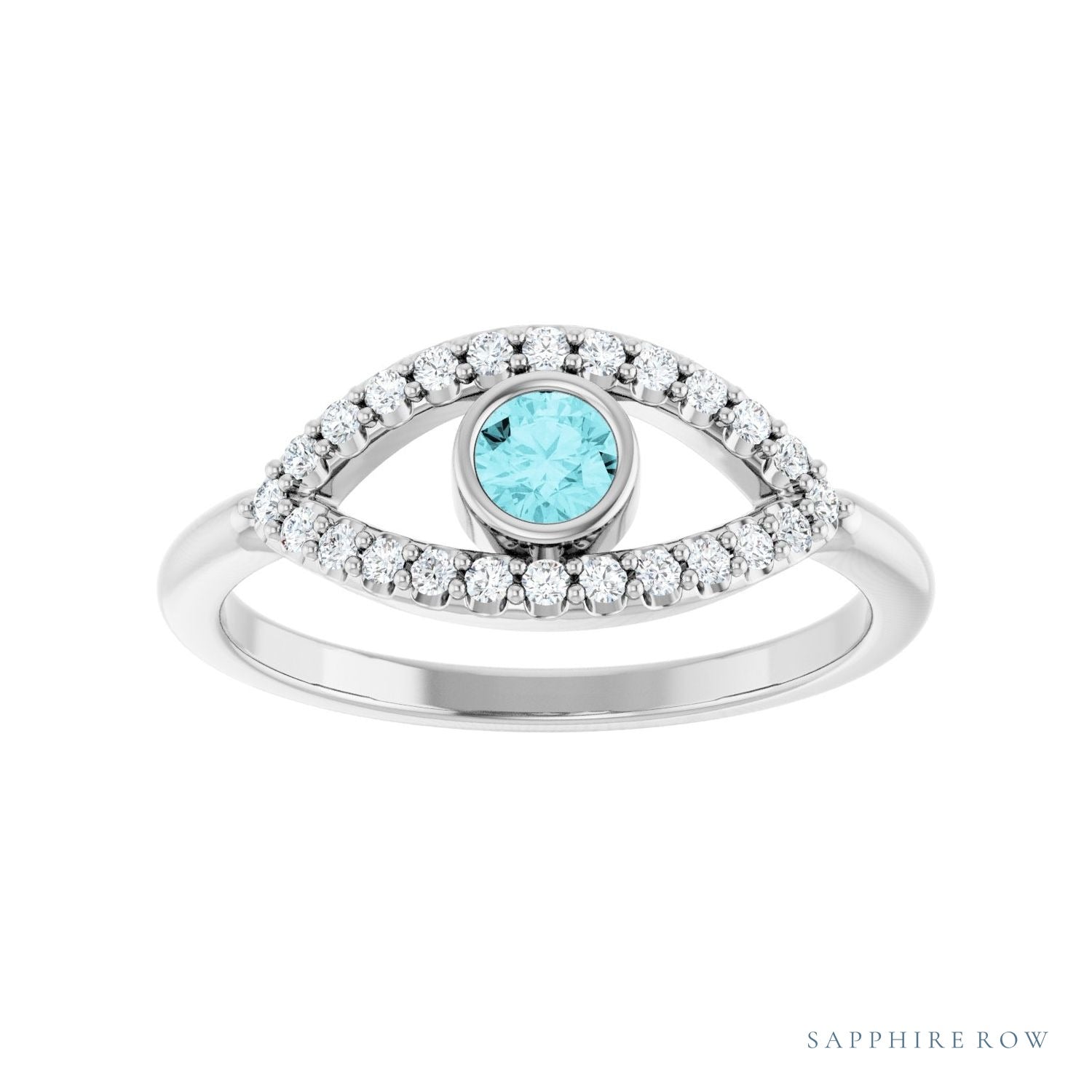 Sapphire Row Natural Pavé Evil Eye Gemstone Ring - Blue Zircon, Platinum (view 3)