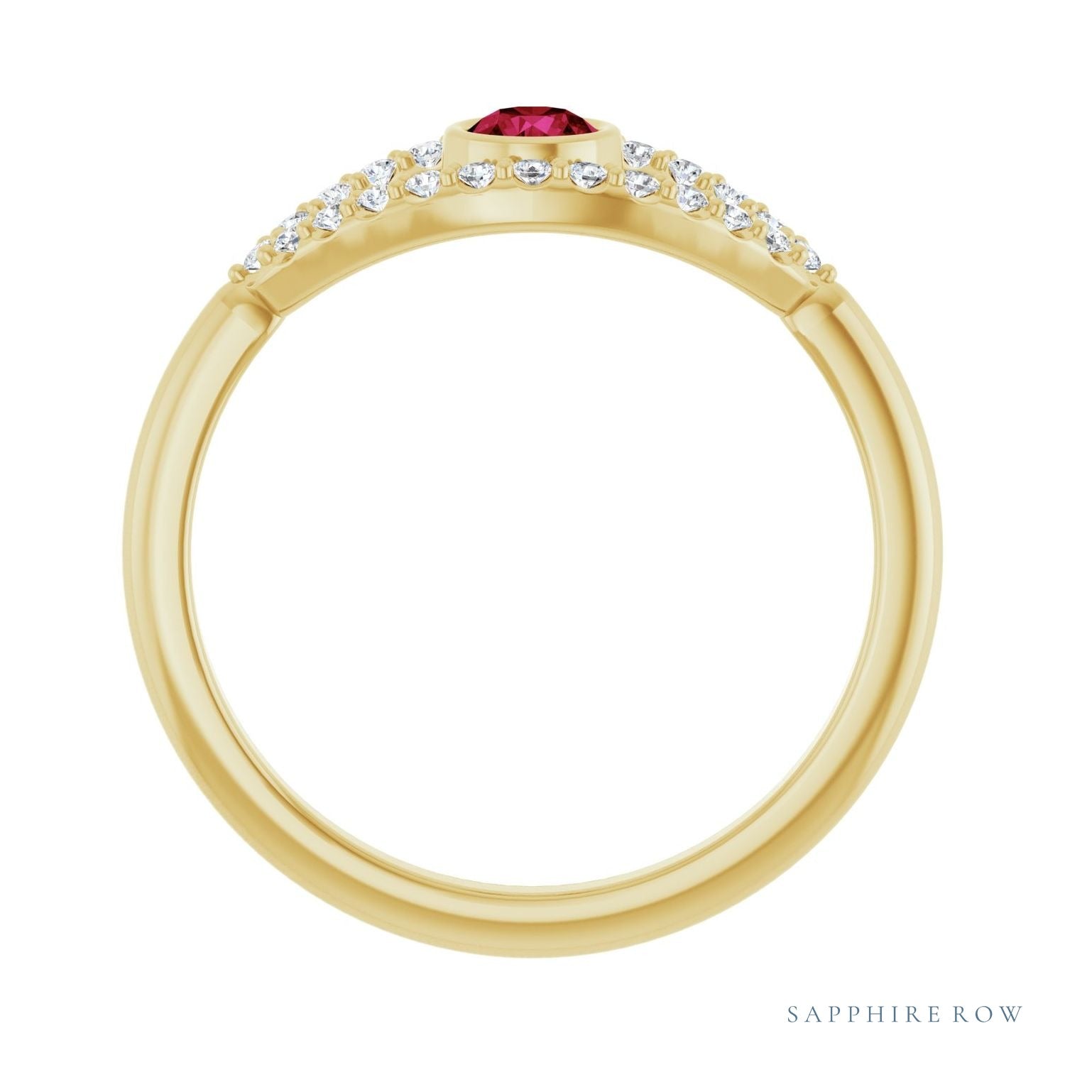 Sapphire Row Natural Pavé Evil Eye Gemstone Ring - Ruby, 14K Yellow Gold (view 2)