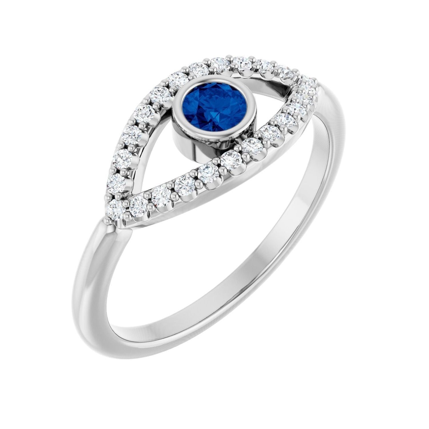 Sapphire Row Natural Pavé Evil Eye Gemstone Ring - Blue Sapphire, 14K White Gold