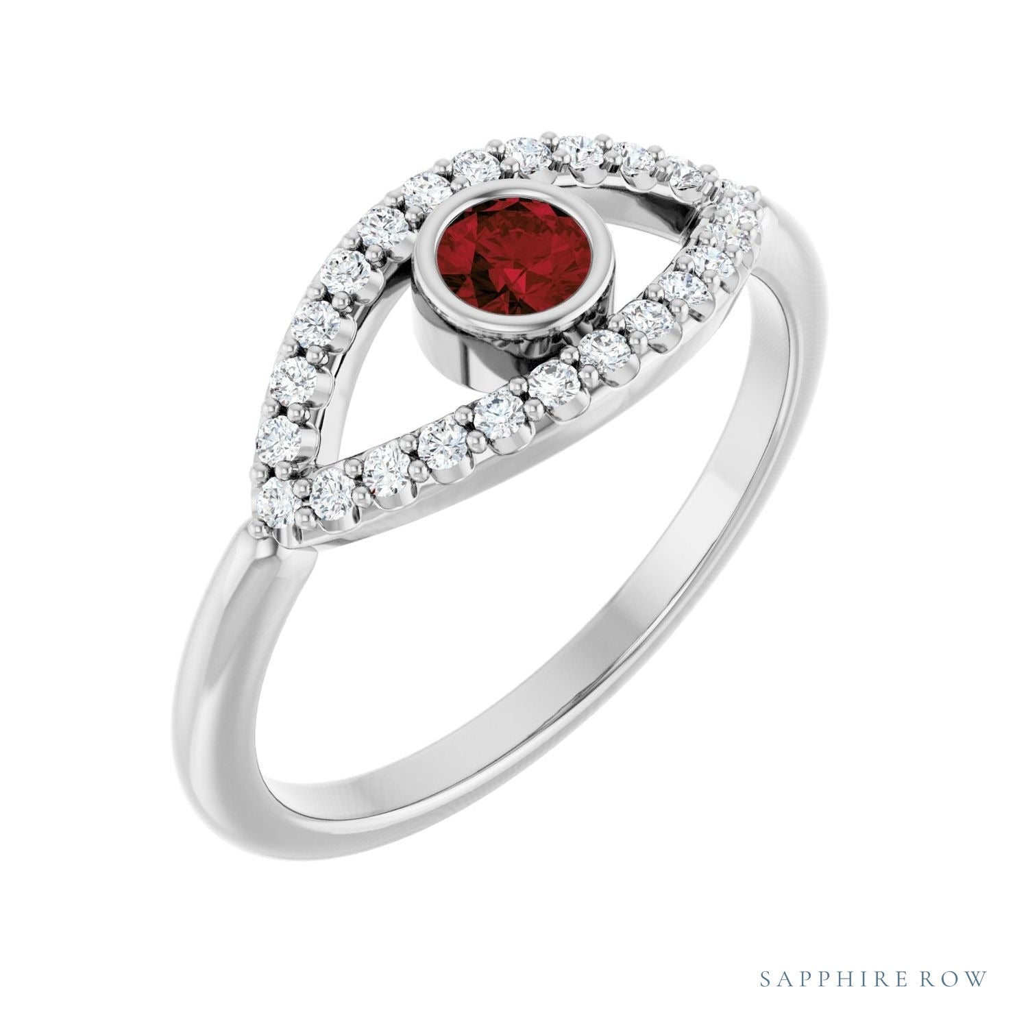 Sapphire Row Natural Pavé Evil Eye Gemstone Ring - Mozambique Garnet, 14K White Gold