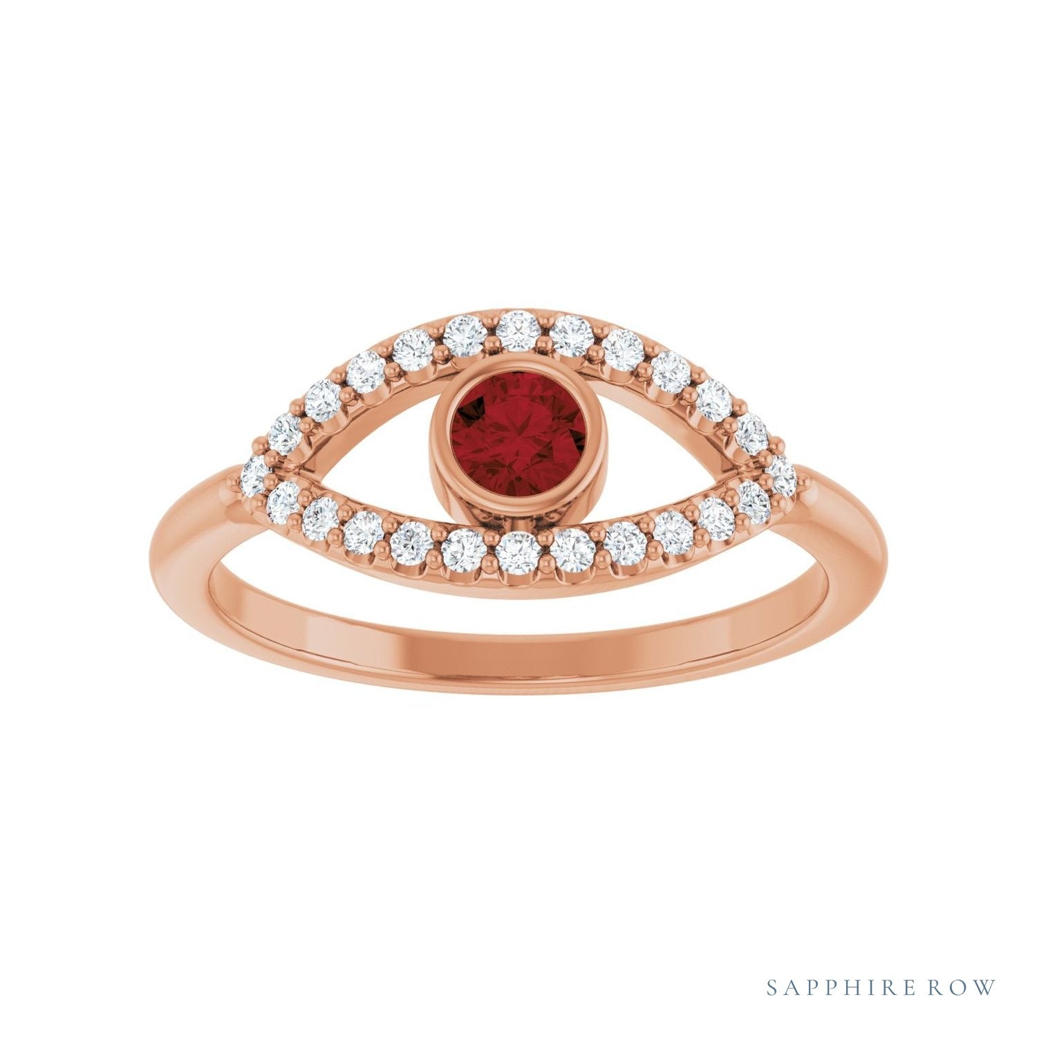 Sapphire Row Natural Pavé Evil Eye Gemstone Ring - Mozambique Garnet, 14K Rose Gold (view 3)