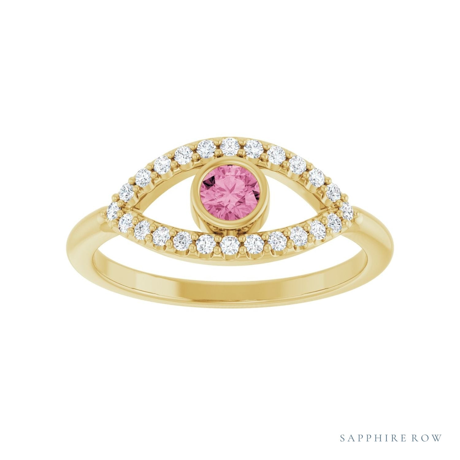 Sapphire Row Natural Pavé Evil Eye Gemstone Ring - Pink Tourmaline, 14K Yellow Gold (view 3)