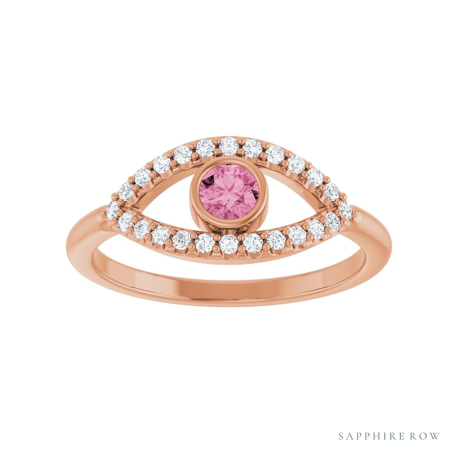Sapphire Row Natural Pavé Evil Eye Gemstone Ring - Pink Tourmaline, 14K Rose Gold (view 3)