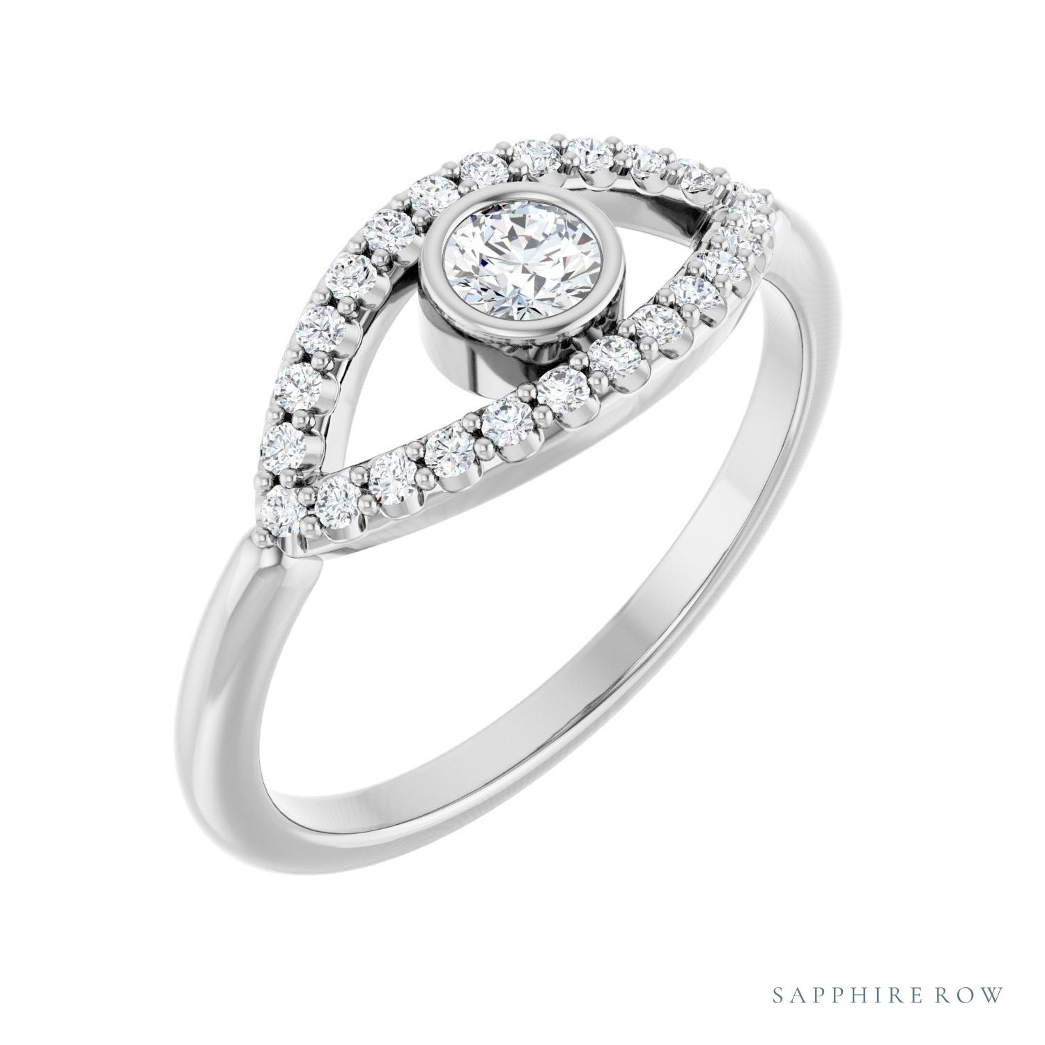 Sapphire Row Natural Pavé Evil Eye Gemstone Ring - White Sapphire, 14K White Gold