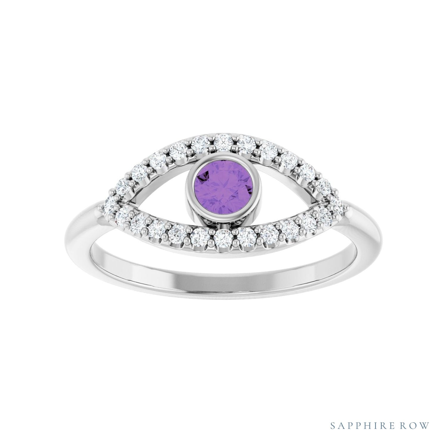 Sapphire Row Natural Pavé Evil Eye Gemstone Ring - Amethyst, 14K White Gold (view 3)