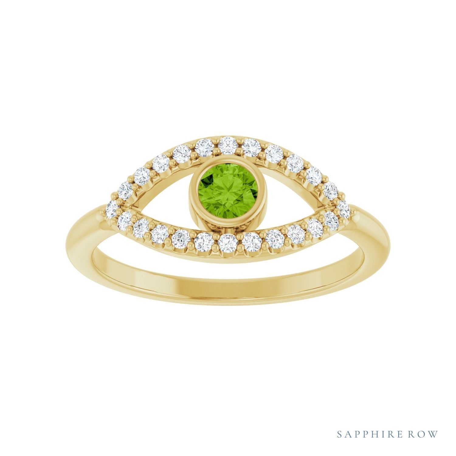 Sapphire Row Natural Pavé Evil Eye Gemstone Ring - Peridot, 14K Yellow Gold (view 3)