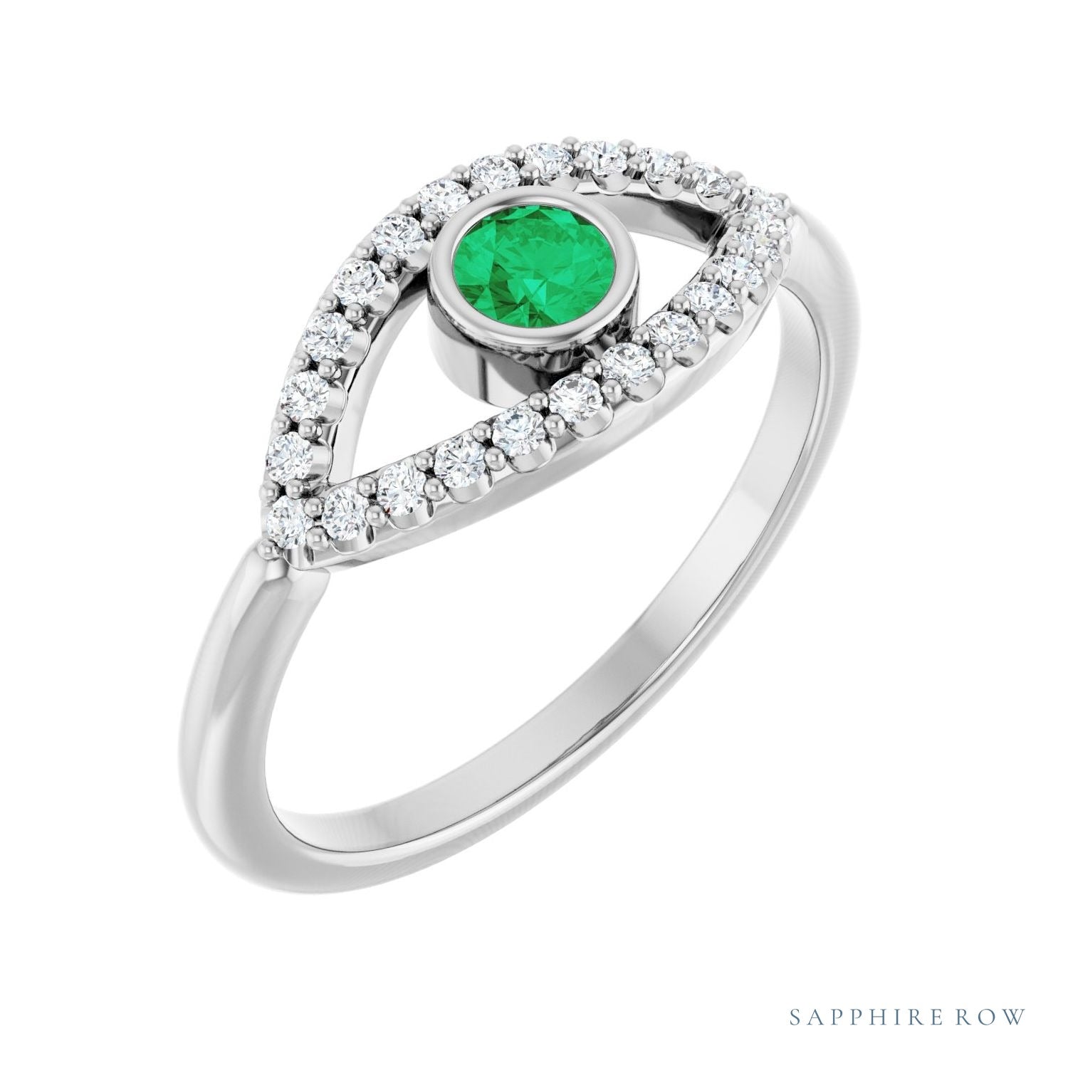 Sapphire Row Lab-Grown Pavé Evil Eye Gemstone Ring - Emerald, 14K White Gold