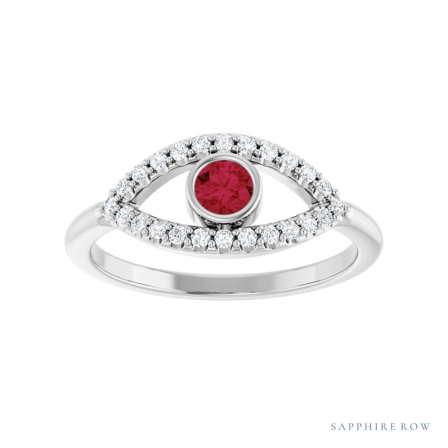 Sapphire Row Lab-Grown Pavé Evil Eye Gemstone Ring - Ruby, 14K White Gold (view 3)