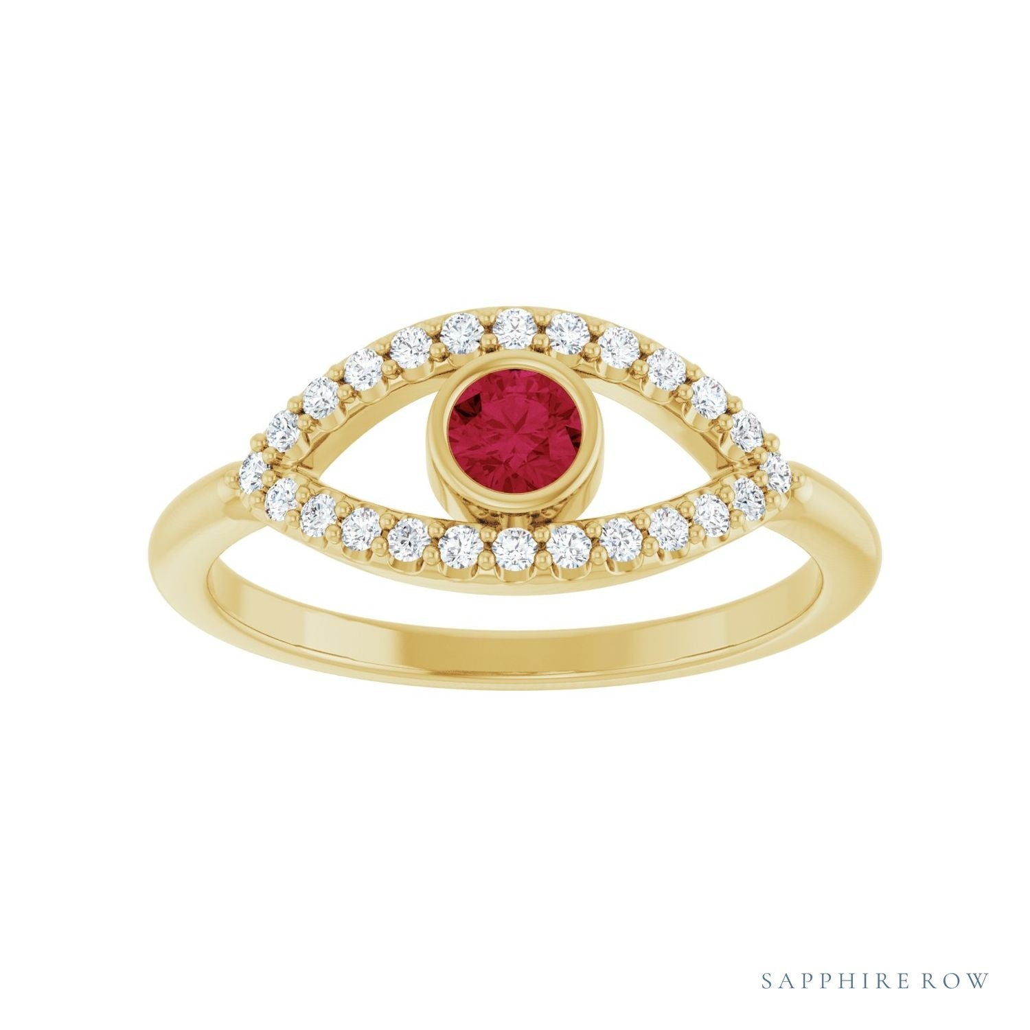 Sapphire Row Lab-Grown Pavé Evil Eye Gemstone Ring - Ruby, 14K Yellow Gold (view 3)