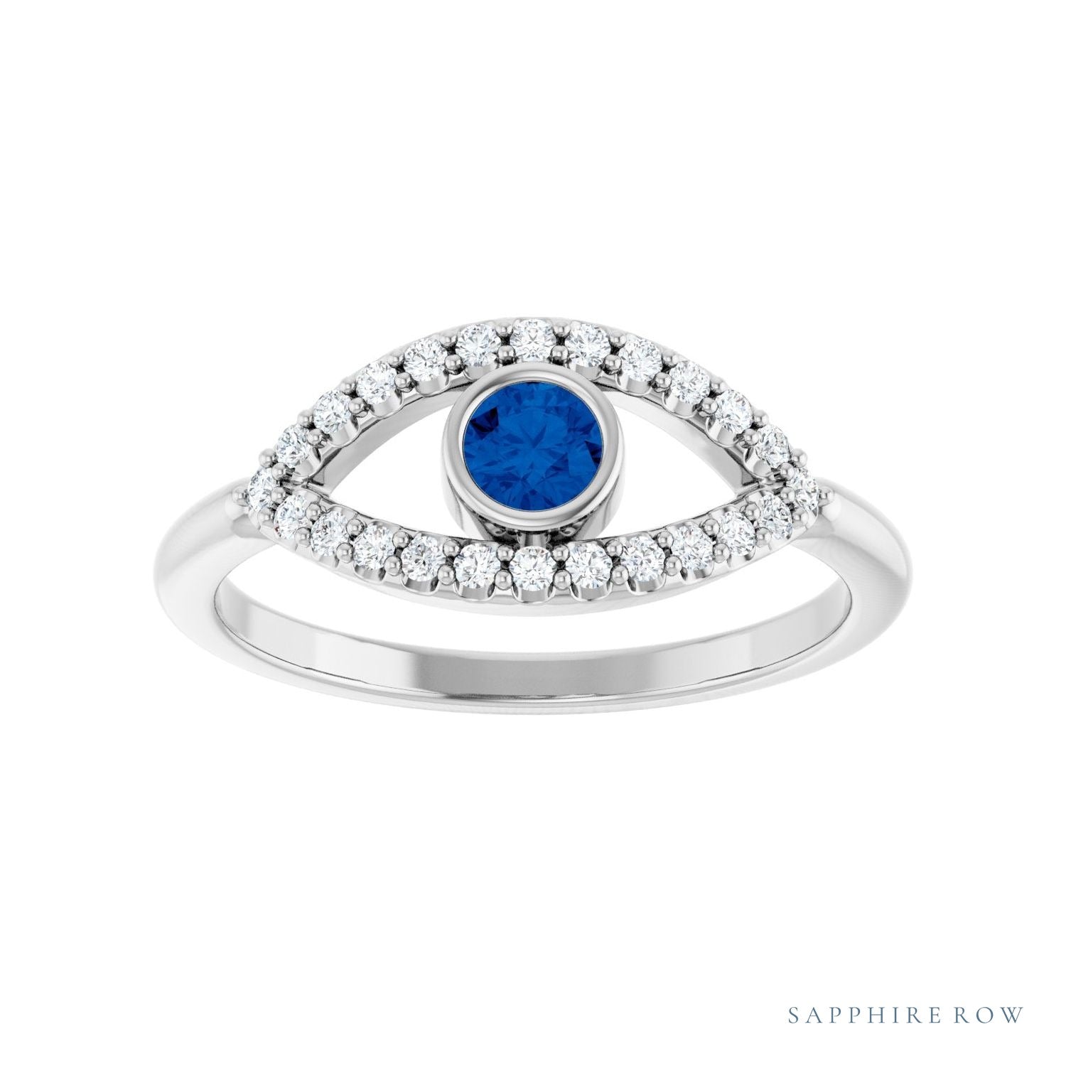 Sapphire Row Lab-Grown Pavé Evil Eye Gemstone Ring - Blue Sapphire, 14K White Gold (view 3)