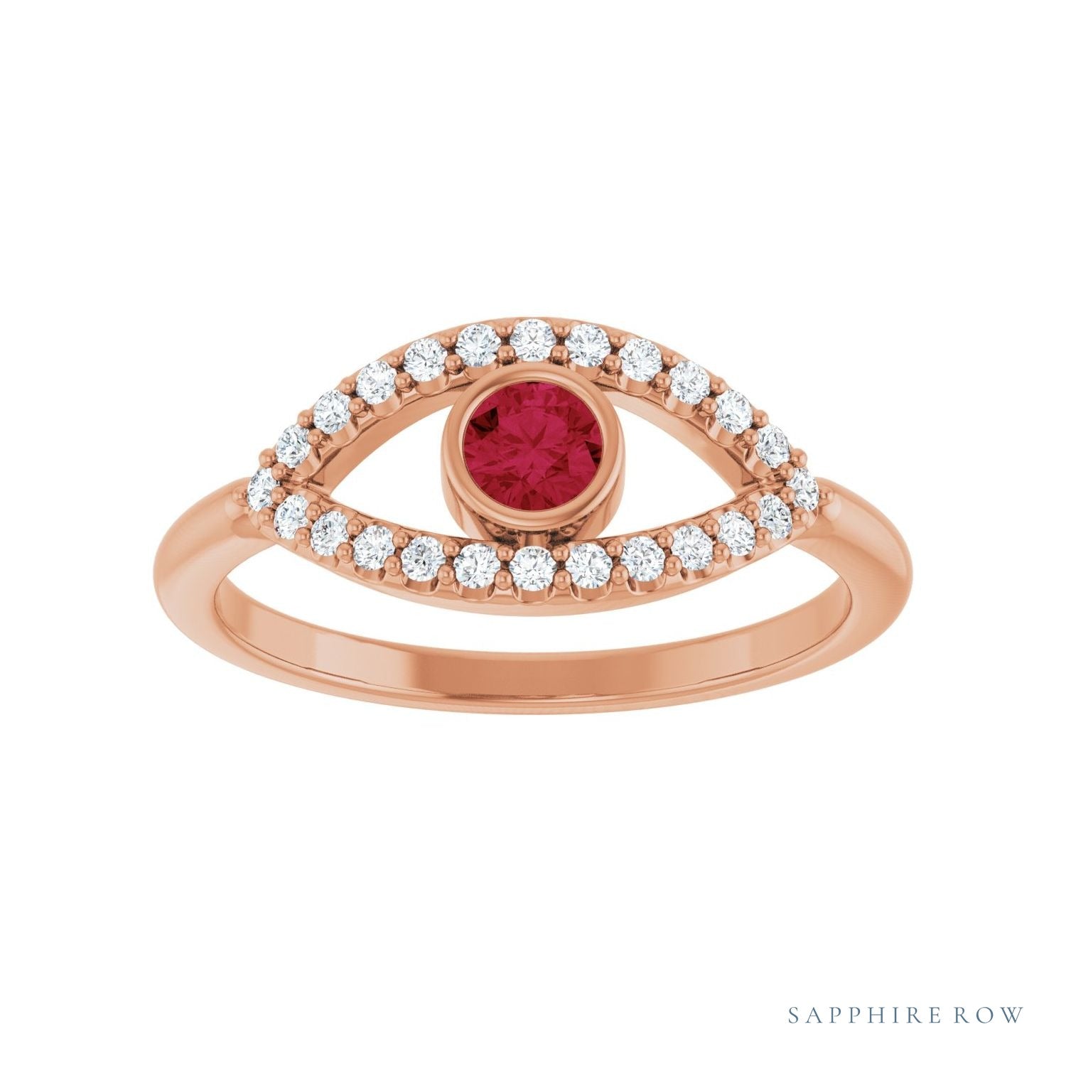 Sapphire Row Lab-Grown Pavé Evil Eye Gemstone Ring - Ruby, 14K Rose Gold (view 3)