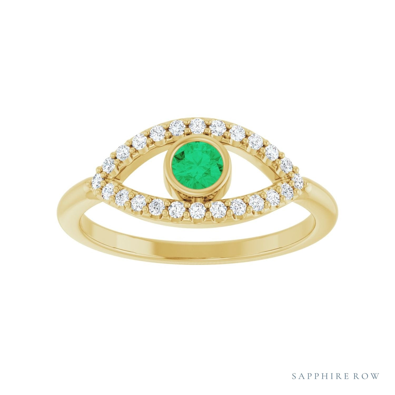 Sapphire Row Lab-Grown Pavé Evil Eye Gemstone Ring - Emerald, 14K Yellow Gold (view 3)