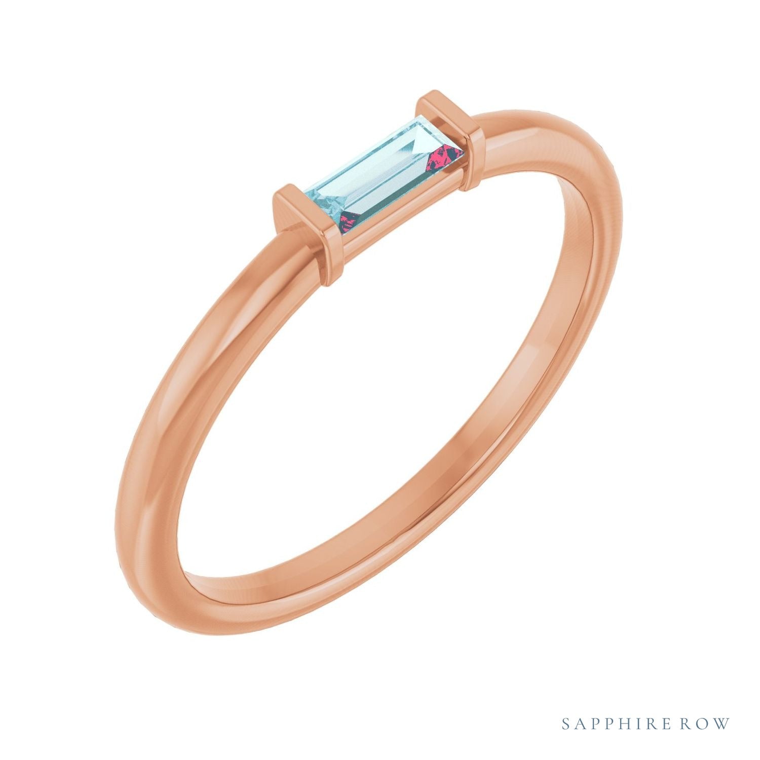 Sapphire Row Natural Gemstone Baguette Detail Ring - Sky Blue Topaz, 14K Rose Gold