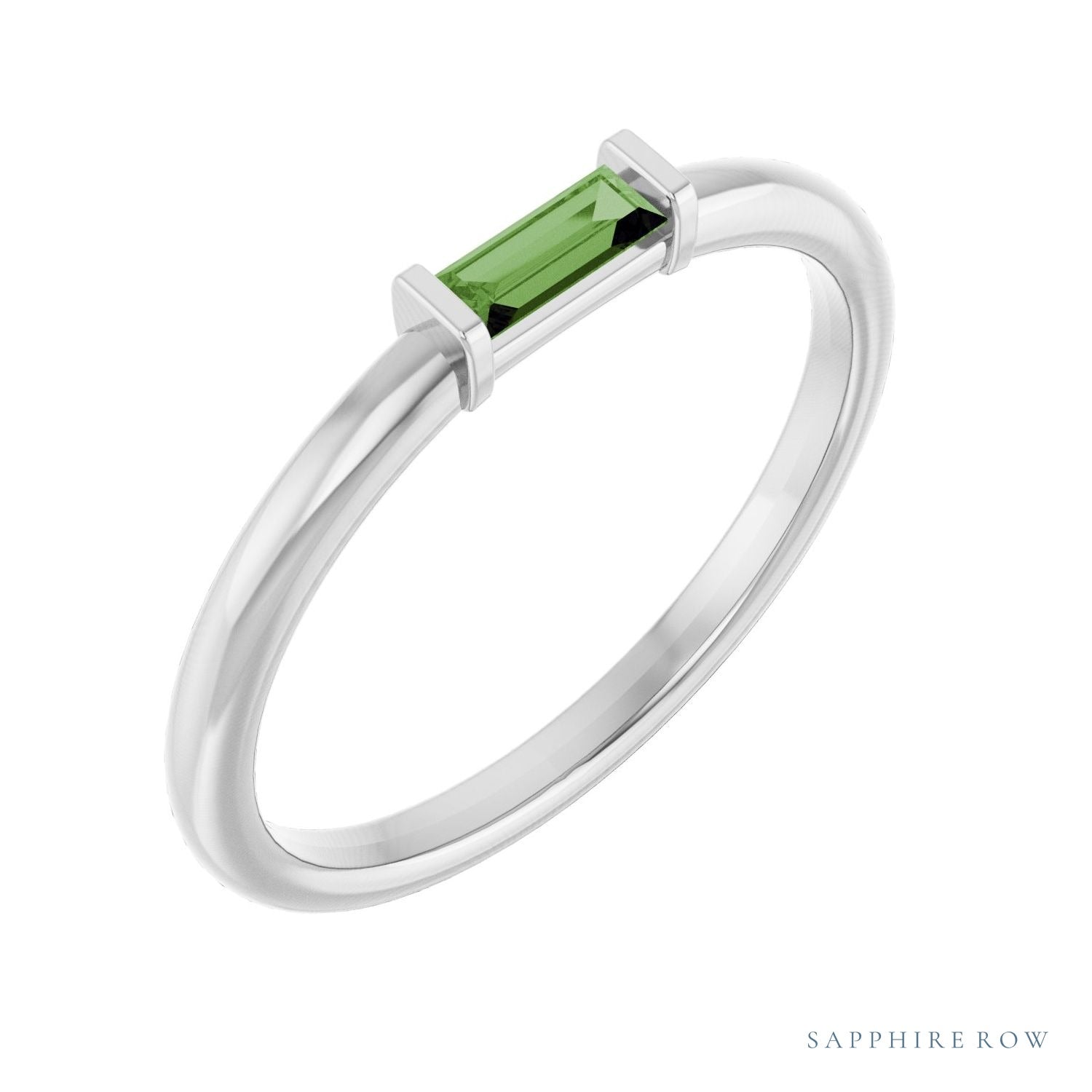Sapphire Row Natural Gemstone Baguette Detail Ring - Green Tourmaline, 14K White Gold