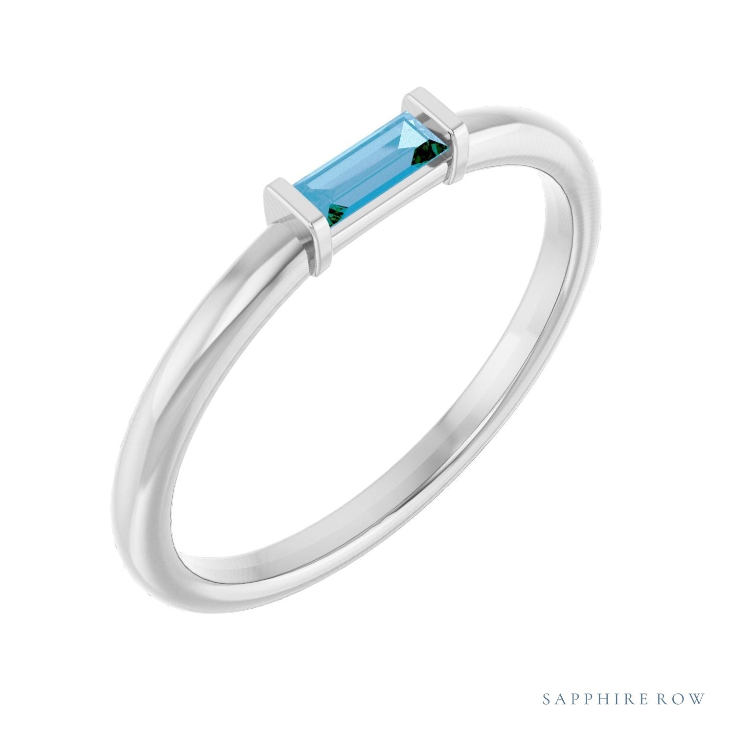 Sapphire Row Natural Gemstone Baguette Detail Ring - Sky Blue Topaz, 14K White Gold