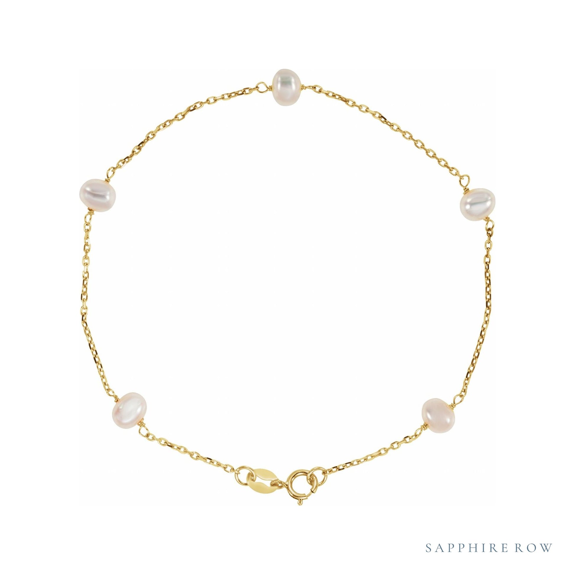 Sapphire Row Cultured Pearl Station Bracelet - 14K Yellow Gold