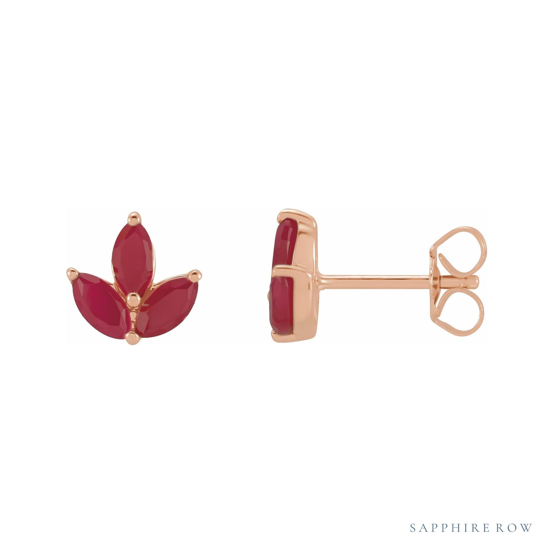 Sapphire Row Natural Gemstone Lotus Cluster Stud Earrings - Ruby, 14K Rose Gold
