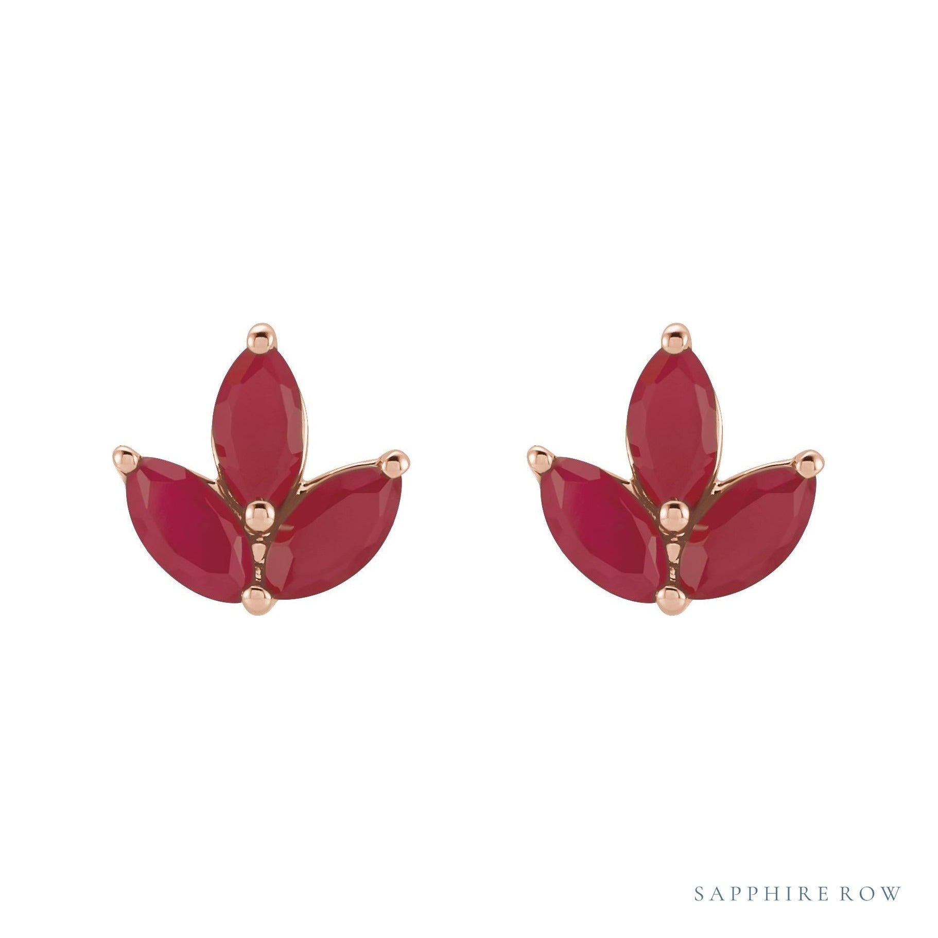 Sapphire Row Natural Gemstone Lotus Cluster Stud Earrings - Ruby, 14K Rose Gold (view 2)