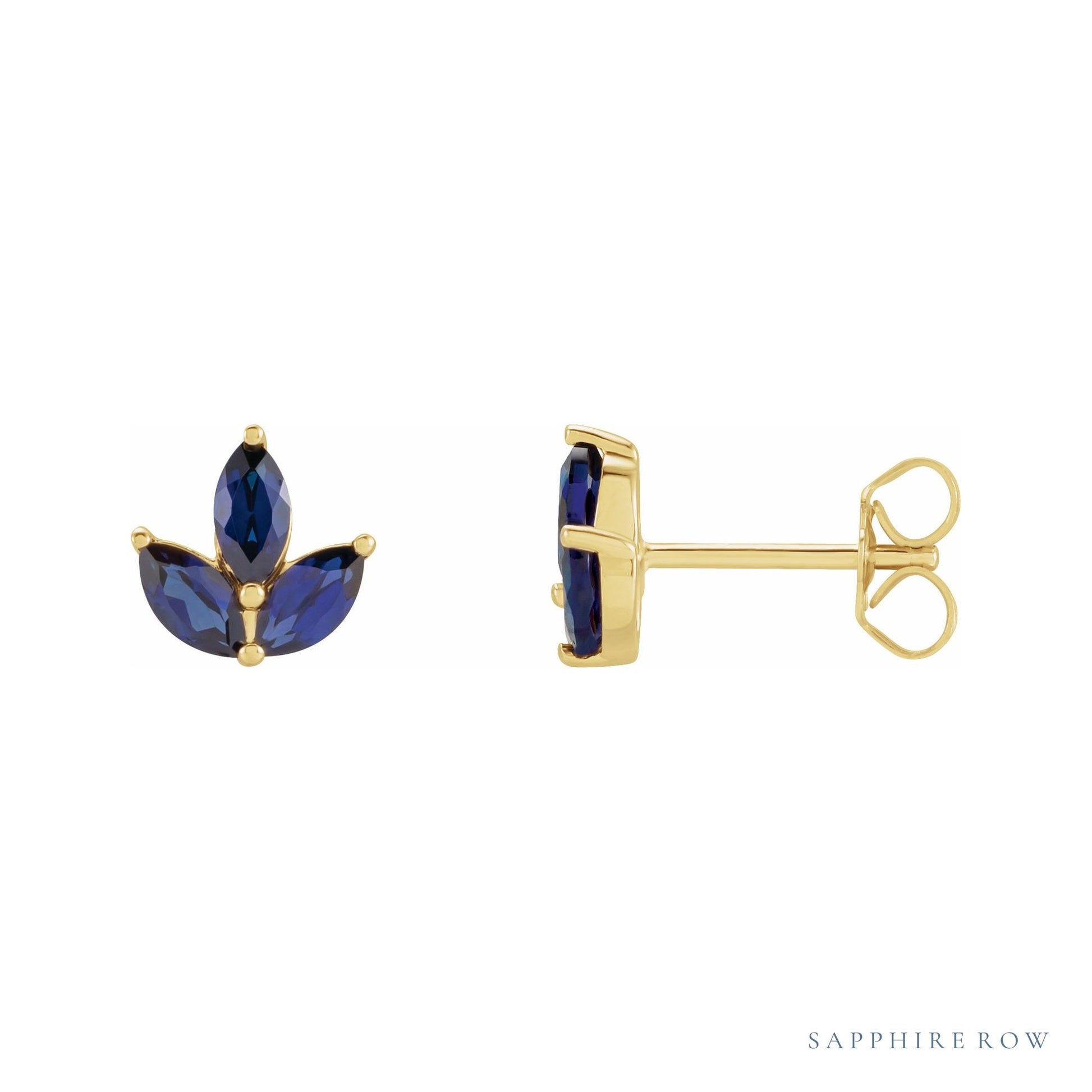 Sapphire Row Natural Gemstone Lotus Cluster Stud Earrings - Blue Sapphire, 14K Yellow Gold