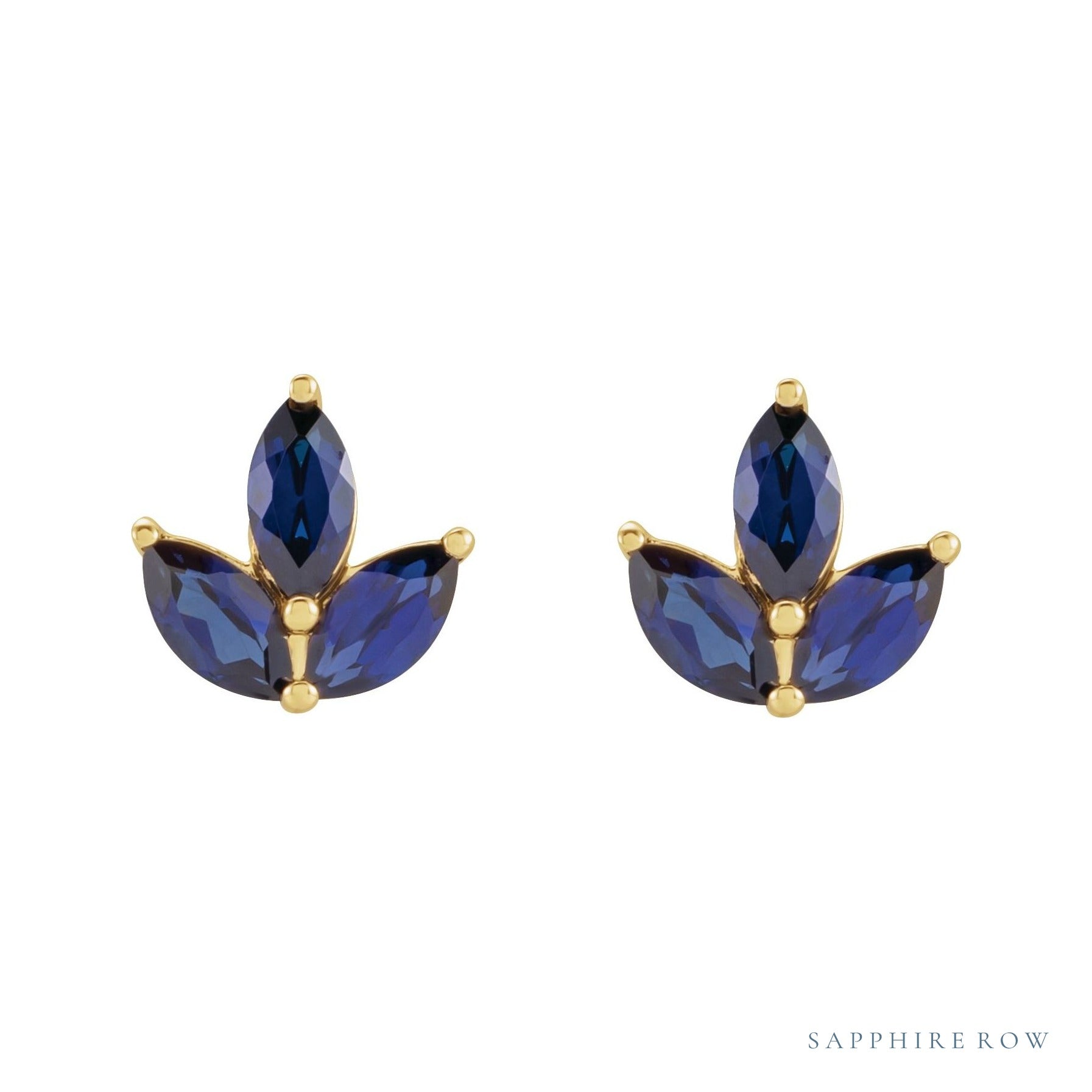 Sapphire Row Natural Gemstone Lotus Cluster Stud Earrings - Blue Sapphire, 14K Yellow Gold (view 2)